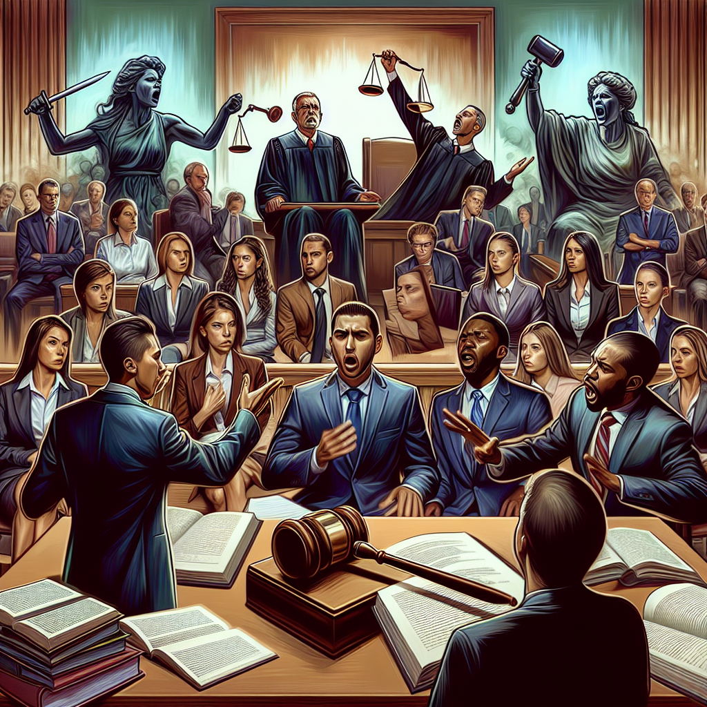Create a captivating illustration to reflect the intensity of the US criminal trials. The image should showcase a courtroom scene in action. In the foreground, depict a multiethnic mix of determined attorneys presenting their arguments passionately to the judge. Visualize a tense jury of both genders, showing a range of emotions from concerns to engagement. Emphasize on the image of a gavel, possibly in motion, symbolizing the forthcoming verdicts. Integrate elements of legal literature and law books scattered around for further emphasis on the legal drama. Lastly, the ambiance should depict high drama and anticipation.
