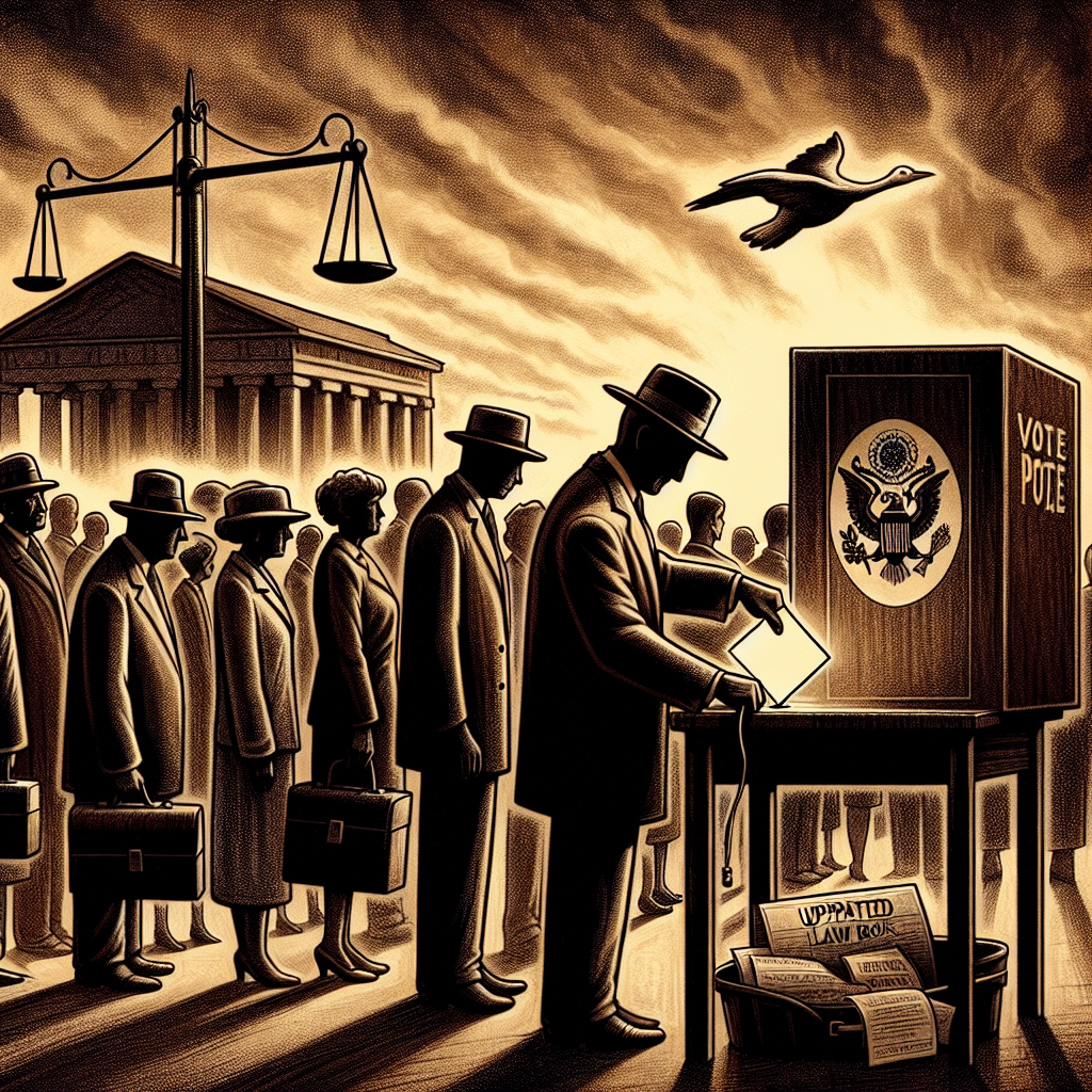 A dramatic depiction of a US-based voting booth, stylized in the manner of an early 20th-century newspaper illustration. Muted tones and heavy lines echo the aesthetic sensibilities of the period. Depict a long queue of diverse voters under a glowing sky; familiarity, anticipation, determination in their diverse expressions. Highlight a pair of hands inserting a ballot paper into the box, symbolic of the active participation in a democratic process. Scatter some updated law books and judicial scales around to symbolize the constant evolution in the system. Do not include people's names, titles, or recognizable faces to maintain anonymity.