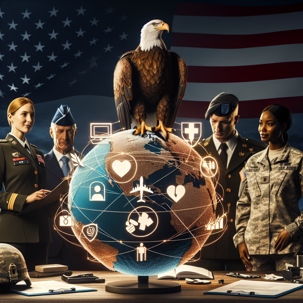 A symbolic representation of the United States' role in global security commitment. A detailed scene where an eagle, as a symbol of the USA, stands atop a globe, surveying the scene below. Larger icons of healthcare, education, and defense are scattered across different continents, symbolizing the areas of support the US contributes to globally. Representatives from the military, a Caucasian female in uniform with the rank of Captain and a Black male also in uniform with the rank of Major, are standing beside a table filled with documents related to military aid decisions.