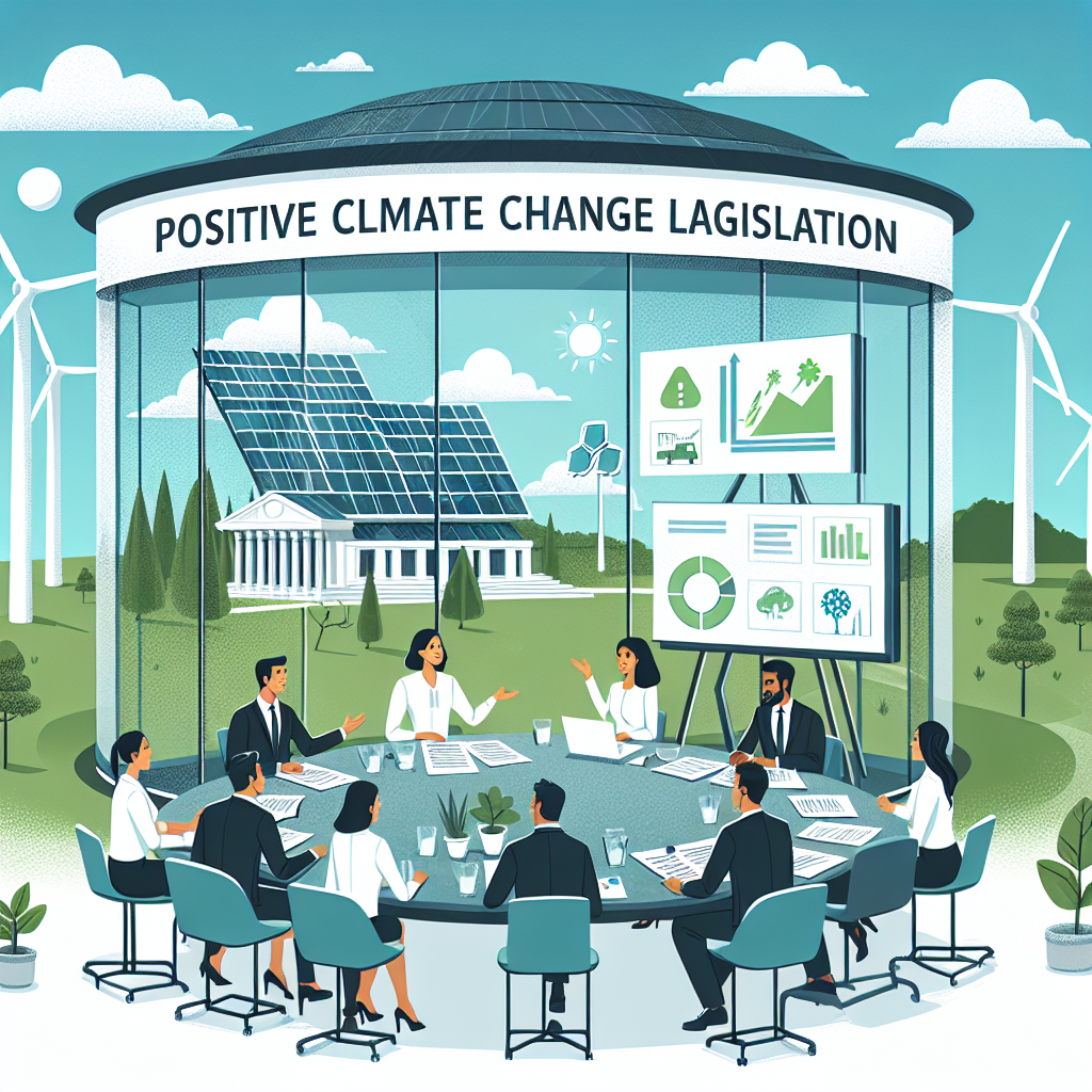 Illustrate an image featuring a group of diverse professionals discussing around a circular table scattered with documents about clean energy strategies. Have a Caucasian woman and a Hispanic man debating, an Asian woman taking notes, and a Middle-Eastern man presenting data on a digital screen displaying images of solar panels, wind turbines, and electric cars. Encapsulate this scene within a building made of environment-friendly materials, with large windows revealing a green landscape outside. Add text in the sky saying 'Positive Climate Change Legislation'.