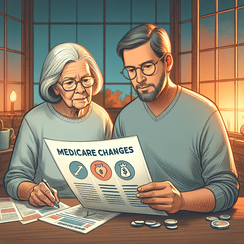 Visualize an article header for a piece about significant adjustments to Medicare. Illustrate an elderly Caucasian woman and a middle-age Hispanic man attentively reading a document labeled 'Medicare Changes' together. On the document, include symbols of financial affordability as well as clear indications of healthcare or medical attention. Around them, depict a peaceful home environment with a feeling of optimism. Fill the room with warm light, indicating hope and positive changes on the horizon. Reflect the overall theme of affordable insurance reforms in a subtle yet comprehensive manner.