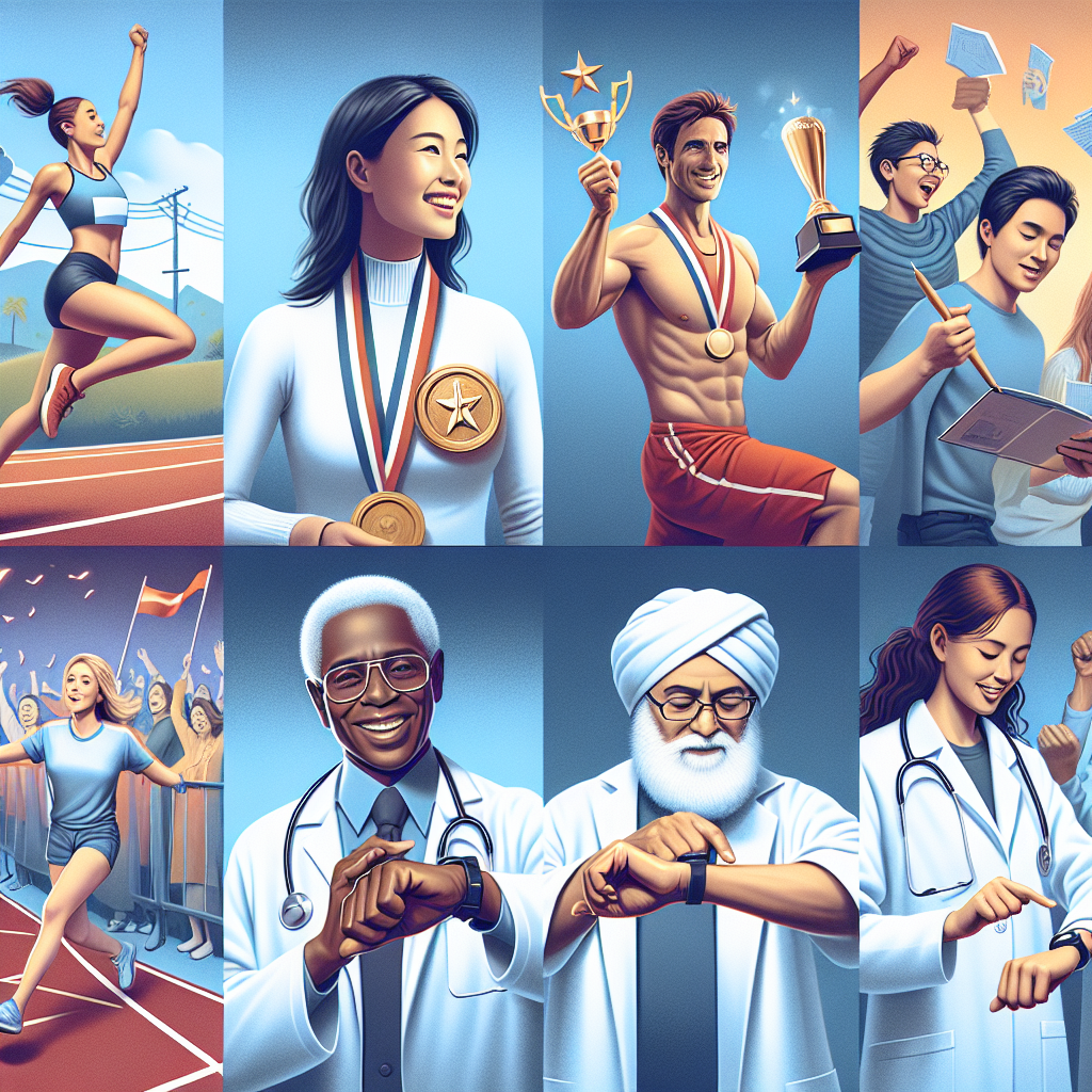 Depict an imaginative overview of a variety of anonymous celebrities engaged in milestone events. For example, a woman athlete crossing a finish line, a South Asian male musician winning a prestigious award, a Middle-Eastern female scientist discovering a breakthrough and an unidentified man of black descent checking his healthy heart rate on a smartwatch. Emphasize the feeling of achievement, progress, and wellbeing.