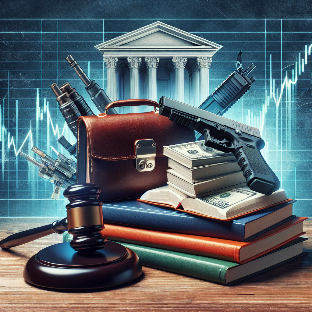 An image depicting a more abstract interpretation of three distinct topics: legal rulings with an emphasis on a gavel and law book, representation of firearm regulations with a locked gun box on a desk, and student loans, showcased by a pile of student books overshadowed by a financial graphical chart. All under the overarching symbol of the courthouses in the backdrop.