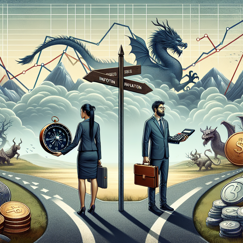 Conceptual image of two people standing at a crossroad with multiple possible paths representing different strategies. One person is a South Asian female in a business suit holding a weathered compass, symbolizing the complex decision-making process. The other one is a Middle-Eastern male accountant with a briefcase, glasses, and a calculator, symbolizing a weighty role in economics. There is a large economic graph in the sky with points denoting Fed interest rates, while on the horizon, a silhouette of a dragon represents inflation. The landscape around them features a variety of monetary symbols.