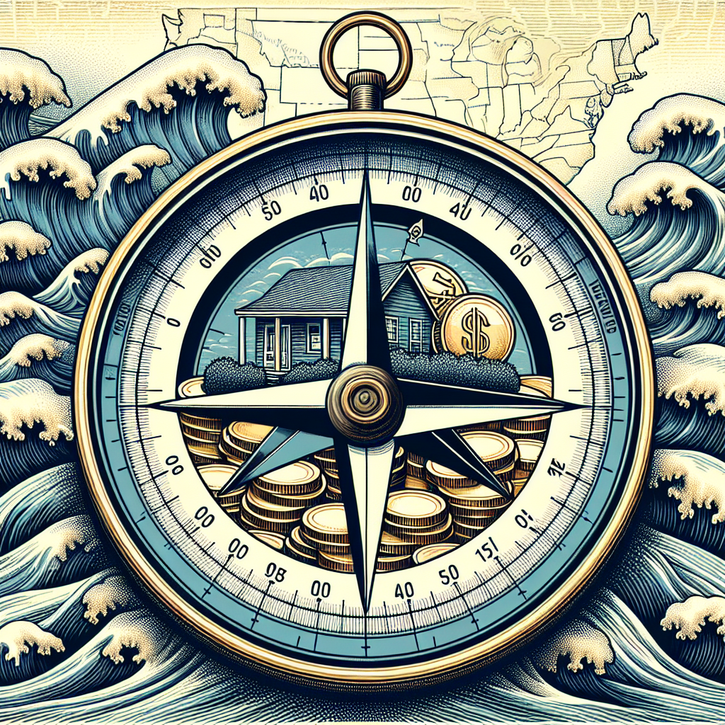 Create an image of a navigational compass with the needle pointing towards an icon of a house amidst surges of ocean-like waves, symbolizing volatility. The outer ring of the compass is made of a circular arrangement of coins, indicating economic involvement. Include a map of the United States spread out in the background. Add some text on the image that reads 'Mortgage Rates Surge: Ultimate Guide to Navigating the US Housing Market'. The style should be reminiscent of the illustration techniques employed in the 19th century lithography, detailed and monochromatic.