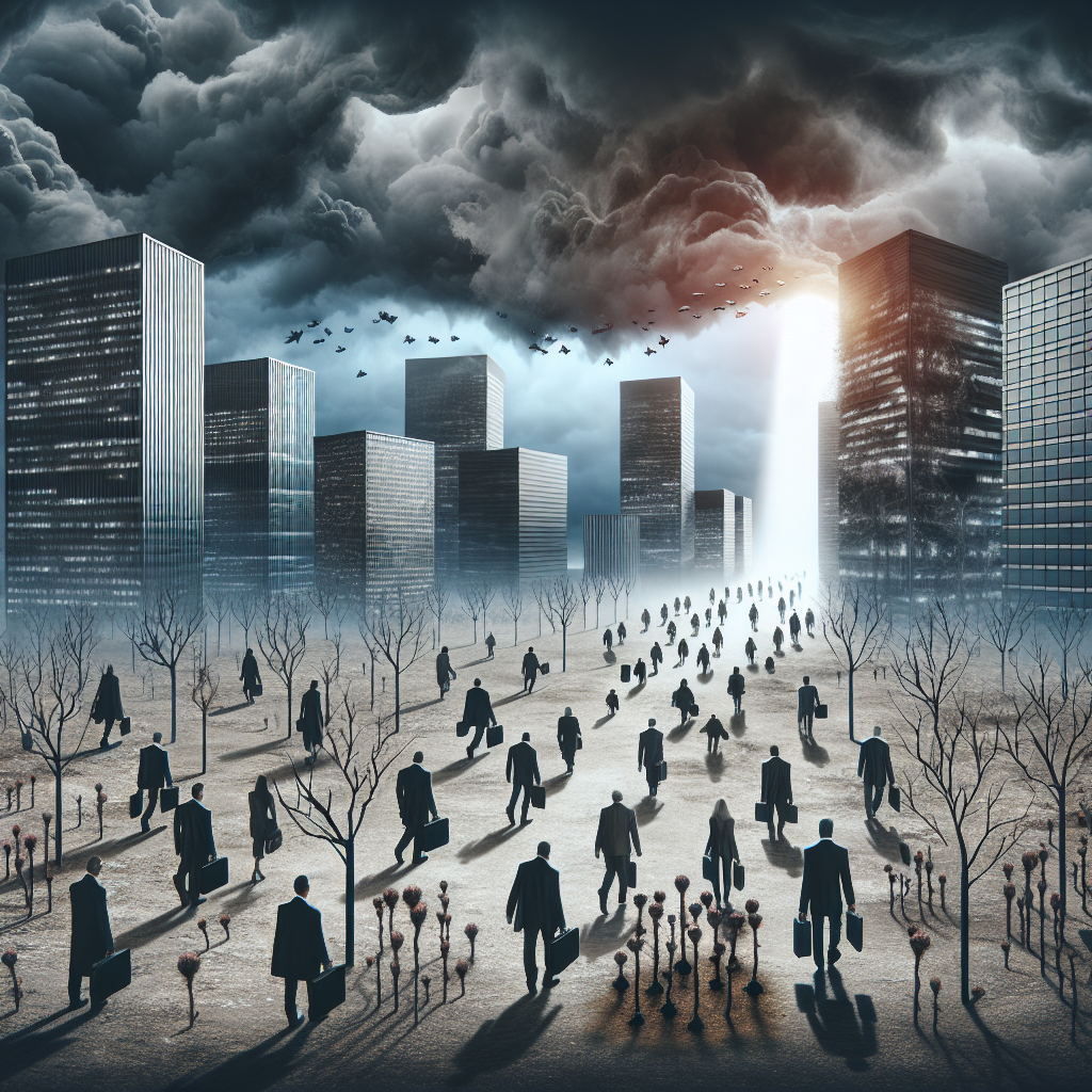 A dramatic corporate landscape depicting several scattered large buildings, symbolizing the tech giants. Dark, ominous clouds loom overhead, presenting a metaphor of distress and turmoil. Sparse leafless trees and a rugged earth reveal a harsh environment. Among this, diverse groups of people, both men and women of various descents, carrying briefcases and wearing suits, depart the buildings, indicating layoffs. However, a beacon of light penetrates the clouds, illuminating a path towards a brighter horizon where one can see small hopeful seedlings sprouting, signifying the solutions and the future growth.