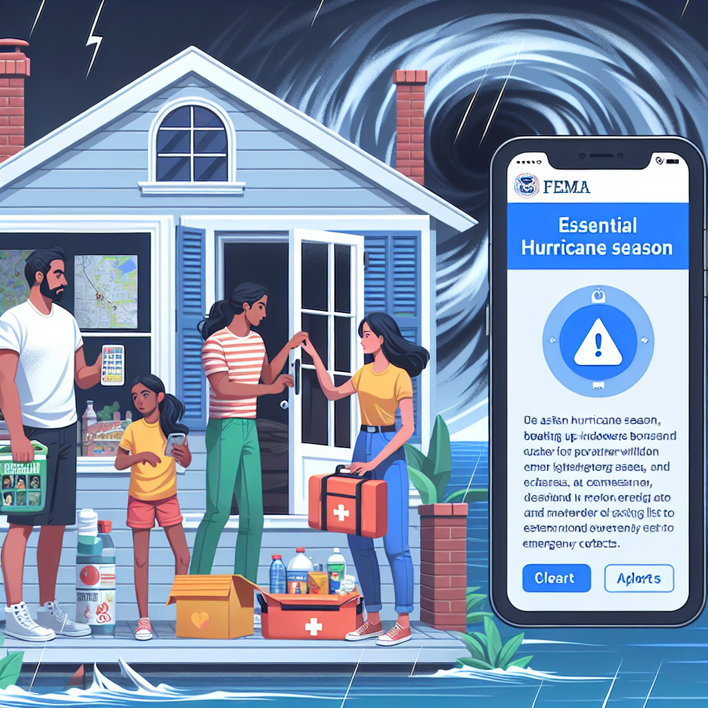 An informative illustration showing a family of four - a South Asian father, a Middle-Eastern mother, a Caucasian girl, and a Black boy - preparing for hurricane season by securing their coastal house. The father is boarding up windows, the mother is packing an emergency kit with essentials like food, water, and medicines, while the children are checking a list of emergency contacts on their smartphone. On the background, depicts a dark, brewing storm over the sea to symbolize the impending hurricane. In the foreground, an alert notification with 'Essential Hurricane Season Alerts' from the FEMA application is prominently displayed on a mobile device screen.
