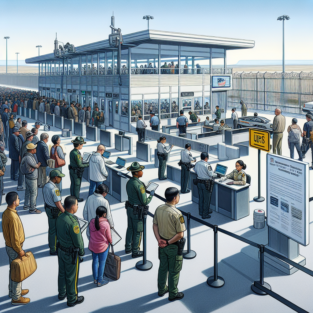 A detailed and illustrative depiction of a modern border security checkpoint. It shows a structure with high-tech surveillance equipment, clearly demarcated lines, and uniformed officers of various descents and genders efficiently handling document checks. People of diverse descents are patiently waiting for their turn. The background shows a far-stretching fence under a clear sky. To one side of the scene, a sign post is displayed with text announcing updates to immigration policy. While keeping the scene professional and respectful, also highlight the advanced technology in use, demonstrating the ongoing developments in border security.