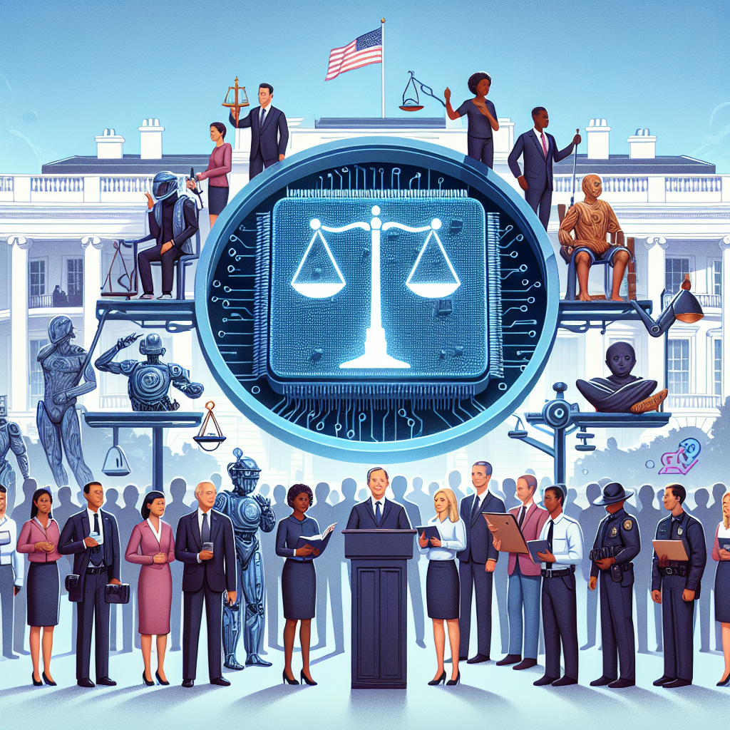 An illustration representing the concept of AI regulation. In the foreground, several diverse people of different genders and descents (e.g. Asian male, Caucasian female, Hispanic male) are gathered around a large circular holographic projection of an AI chip. They hold various props representing different professions like law enforcement, academics, and technologists. In the background, the White House silhouette can be seen. Above all, a set of scales representing balance and justice is emerging from the hologram, symbolizing the need for fair AI practices.
