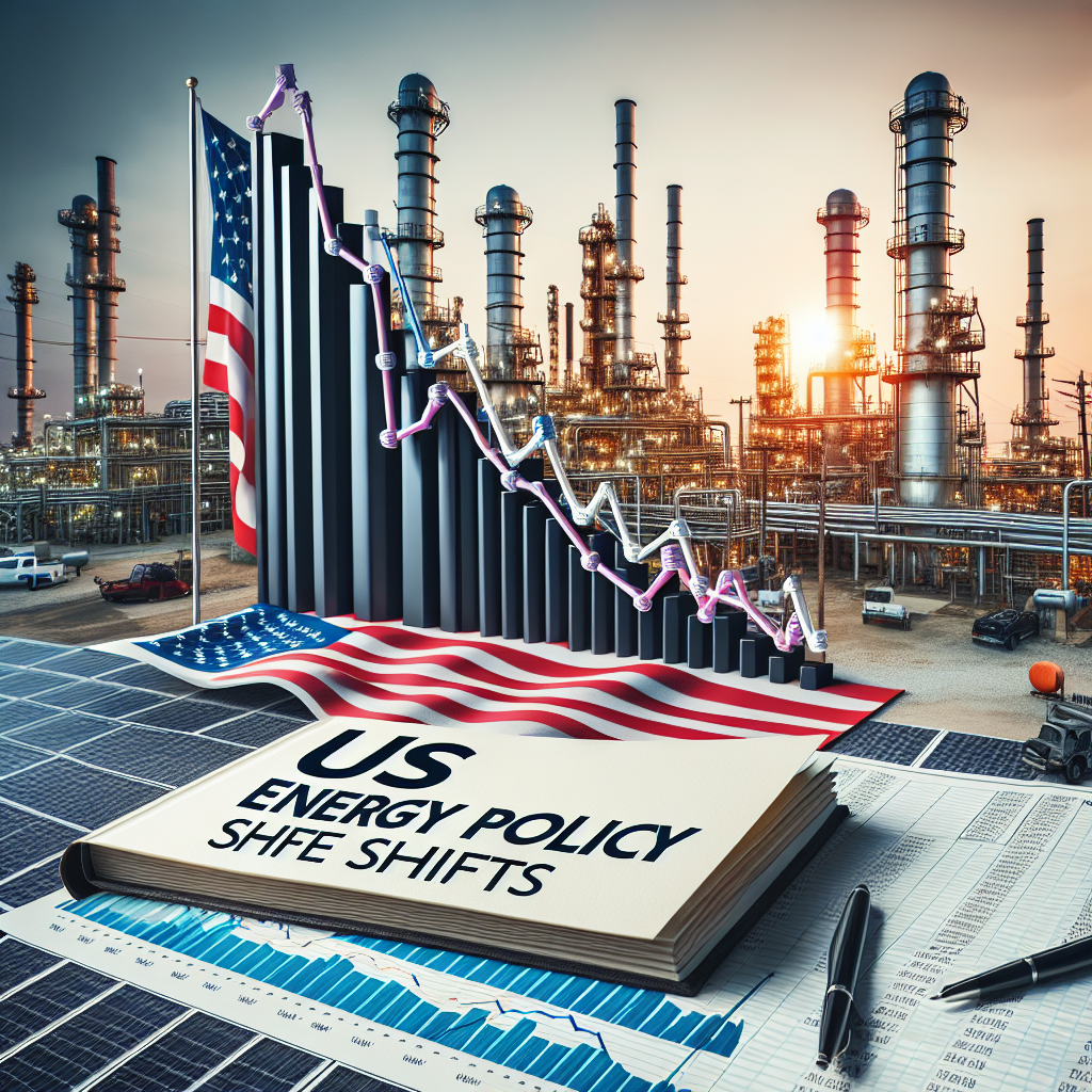 Visualize an image representing the concept of declining gas prices. Perhaps a colossal bar graph showing a consistently decreasing trend in gas expenses, located in front of an oil refinery with pipelines. Overlaid is a hefty guidebook labeled 'US Energy Policy Shifts', symbolizing the changes that led to this 'price plunge'. Include details that reflect the energy sector such as gas pumps, oil derricks, and solar panels. Remember to incorporate American symbols to denote the 'US' aspect, like the American flag or a map, but avoid any direct representation of specific individuals or public figures.