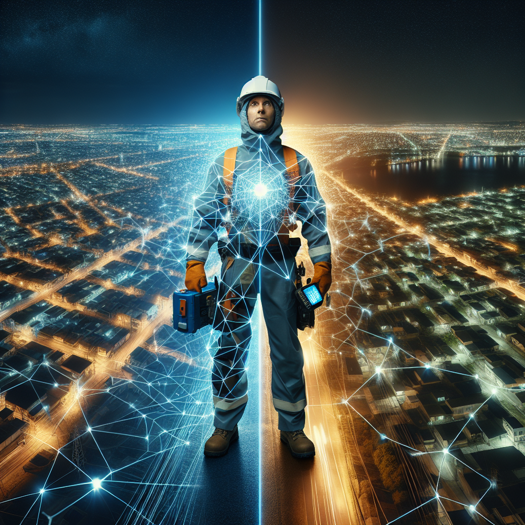 Represent an expansive aerial view of a city during night hours, wherein half of the city is glowing brightly with functional power grid while the other half is under a power outage. An androgynous figure, Caucasian in descent, wearing safety gloves, helmet, and with portable electronic device in hand, stands in the middle of the divide confidently, signifying their role as the leader in mitigating blackout risks. Around them, a web of interconnected lines symbolising the electrical network emanates, highlighting their task of managing the power grid.
