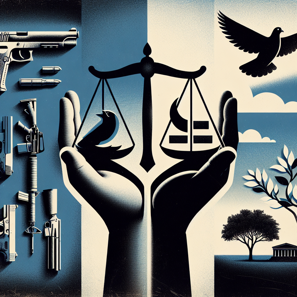 Show an image that symbolizes the importance of gun control for a safer society. There should be a juxtaposition of elements to visualize the tension between the issue and the solution. On the left side, depict a symbolic representation of violence, like a broken chain or a cracked glass. On the right side, reveal imagery of a peaceful, prosperous society, such as a tree flourishing in a park or a dove soaring freely. In the center, show an authoritative hand, interpreting the measures taken by government, holding balanced scales of justice. The mood should be sober and serious.