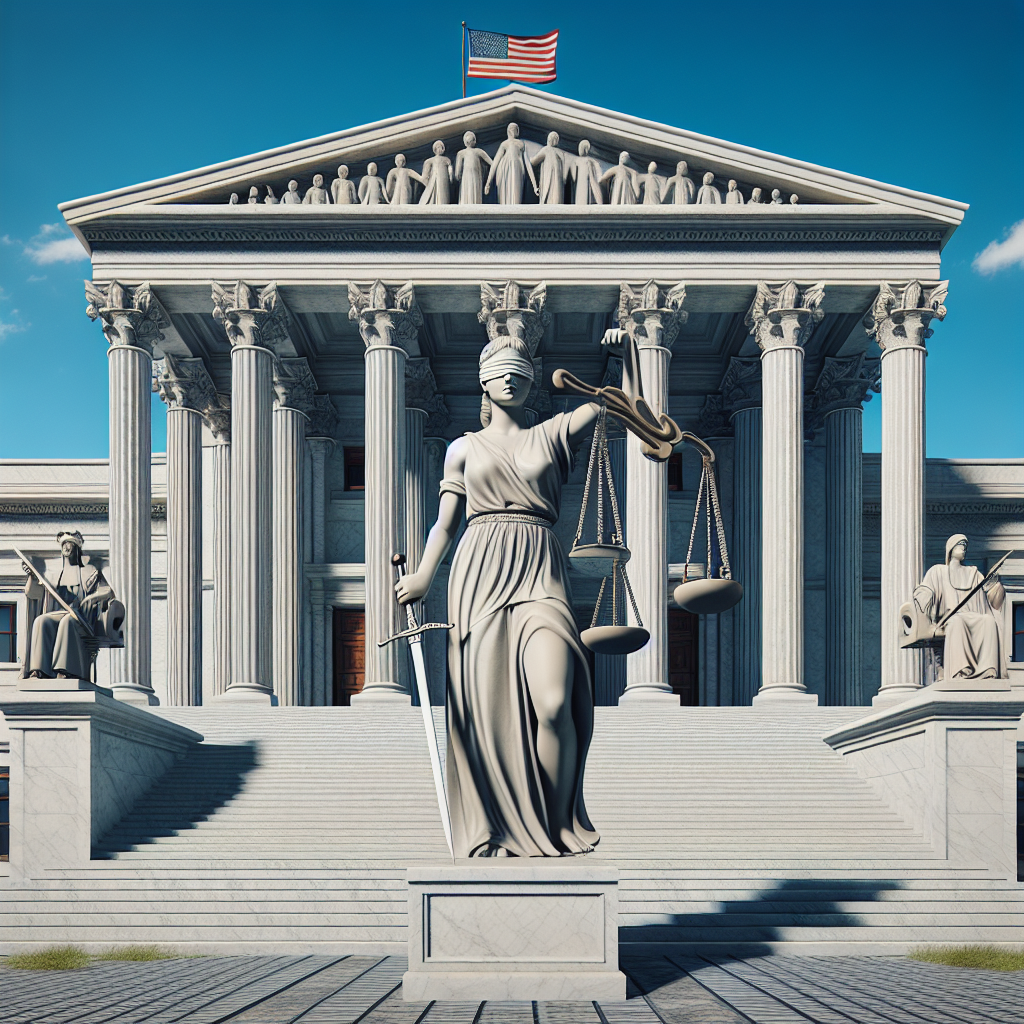 Create a striking and symbolic representation of the American justice system. This should include a grand, imposing courthouse with tall, white marble pillars and wide staircase leading up to it. Flanking the staircase are two imposing statues symbolically representing 'Justice'. She should be blindfolded, holding a balanced scale in one hand and a sheathed sword in the other. Above the courthouse, against the bright blue sky, the scales should seem to hover, larger than life, to represent the concept of high-profile trials. No specific individuals or cases should be depicted.