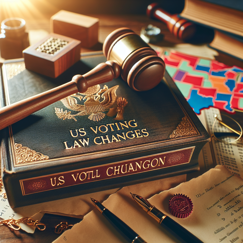 A close-up view of a traditional wooden gavel resting on a hefty law book with the title 'US Voting Law Changes' embossed in gold. Around the book, scattered papers, ink pen, glasses, and a seal stamp rest disorderly. In the background, a blurred out view of a colorful puzzle with different US state shapes fitting together, symbolizing the interconnectedness of the election aftermath. A hazy beam of light illuminates the scene from a window.