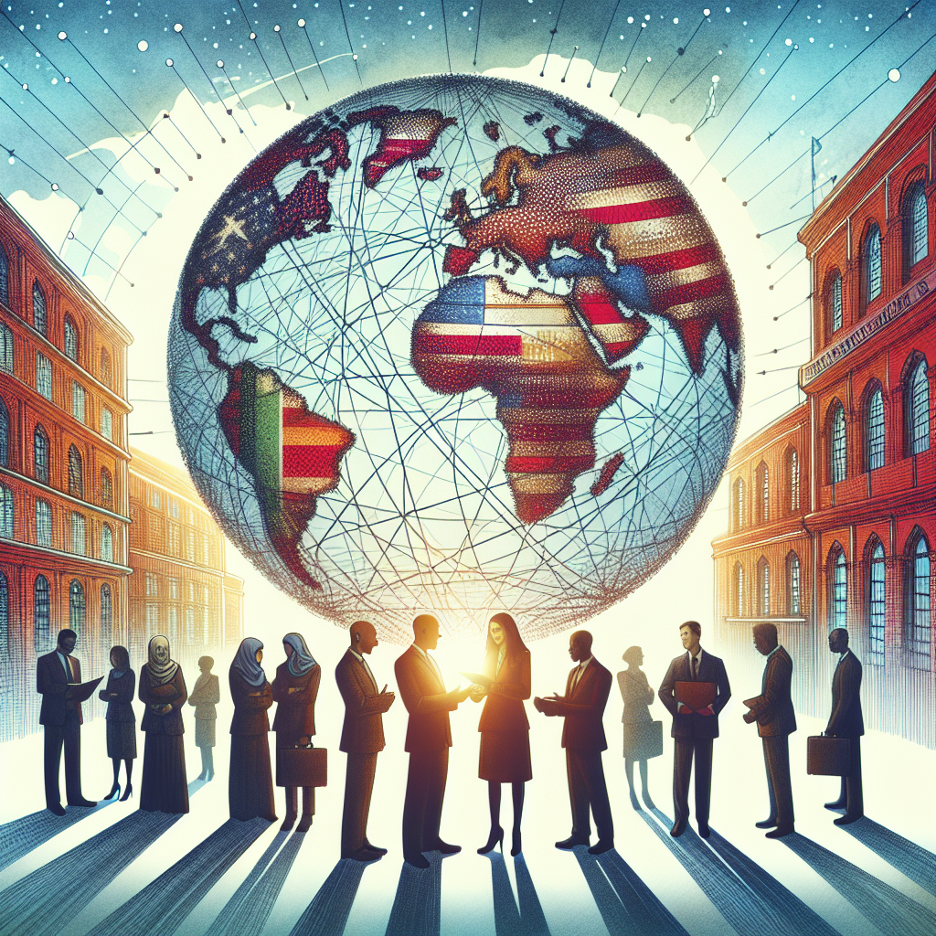 Illustrate a concept of 'Global Security' by showing an abstract globe decorated with interconnected lines, symbolizing strategic alliances. Add an image of a heritage red-brick building marked as 'US Military Aid', signifying its policy-making influence. Include a multicultural group of figures in discussion, illustrating diverse international relations. These figures should be a Middle-Eastern woman, a South Asian man, and a Hispanic man, all dressed in modern business attire, showing diversity in the international community. The sky above should show the early light of sunrise, suggesting a hopeful future for strengthened alliances.