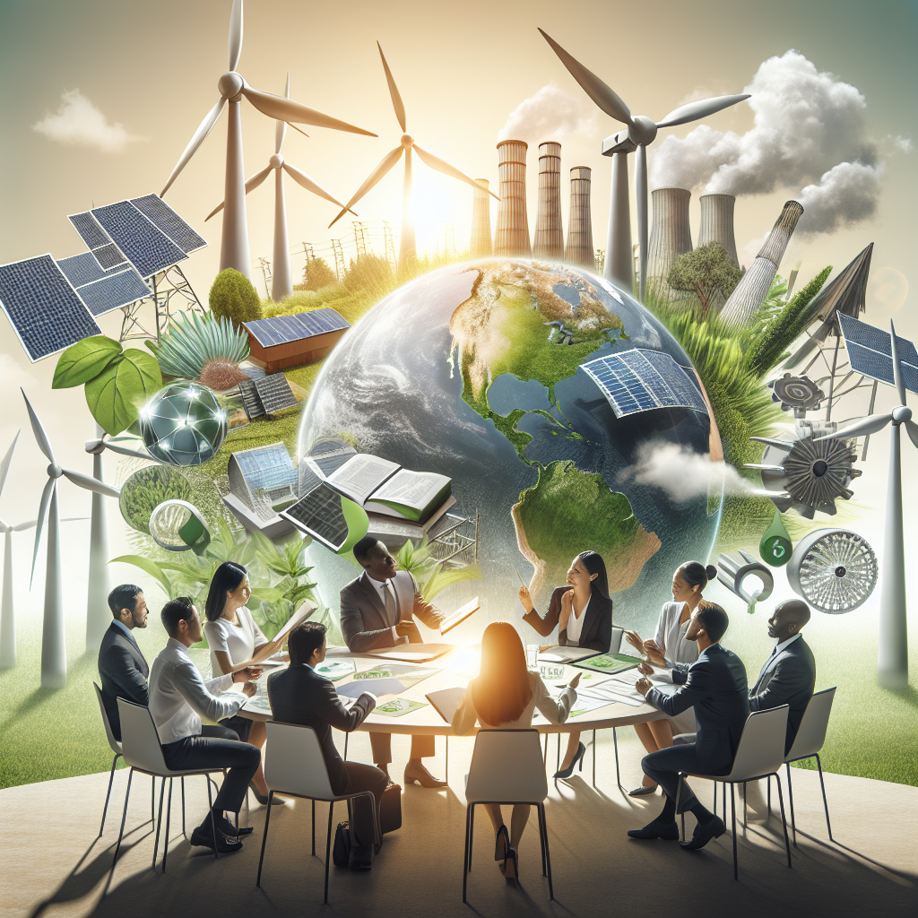 An image highlighting clean energy investments as the keystone to effective climate change legislation. In the foreground, a diverse group of people including an East Asian woman and an African American man discussing over a round table filled with documents about renewable energy strategies. In the background, large, symbolic items like windmills, solar panels, hydroelectric dams and green plants, representing various renewable energy sources. In the far background, a giant globe showing North and South America, symbolizing a global approach to climate change. All visual elements of the image should be bathed in a hopeful, soft sunlight.