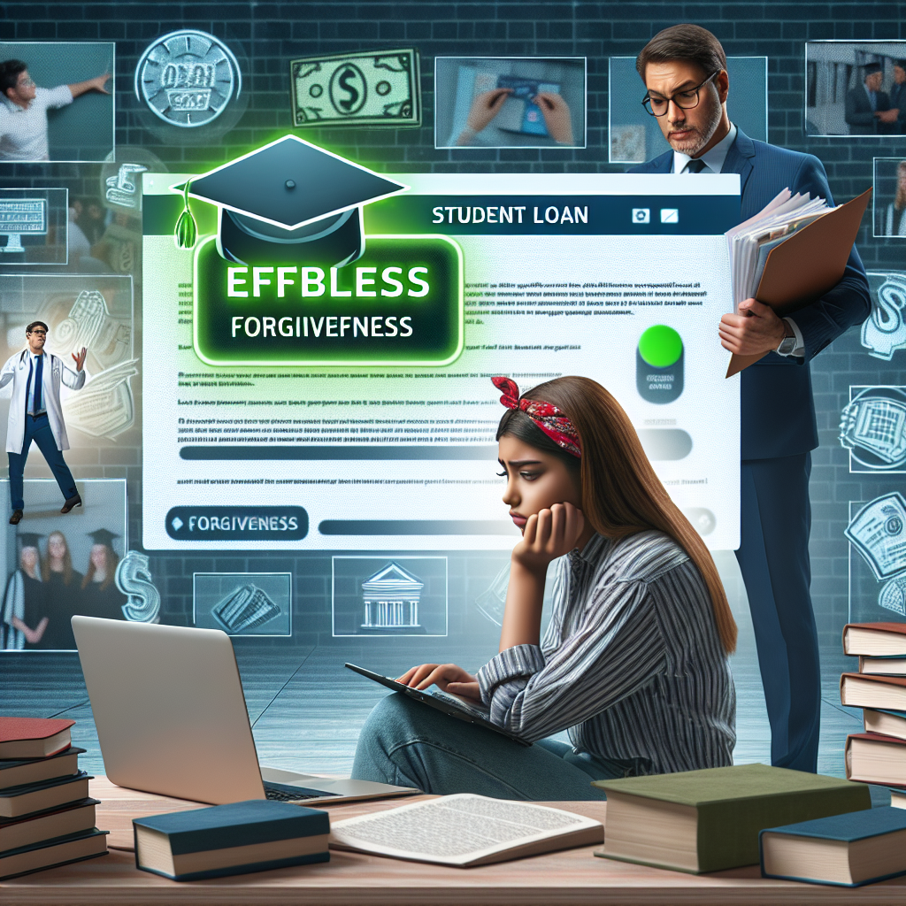 A concept image representing student loan repayment updates and effortless forgiveness programs. Display a young student of South Asian descent sitting at a desk, surrounded by text books and a laptop. She appears stressed and worried as she looks at the screen showing a finance web page highlighting the words 'Student Loan'. Beside the computer screen, a glowing green button flashes with the word 'Forgiveness'. Next to her, a Middle Eastern male counselor with files in hand, patiently explains the program benefits. The background should be a collage of positive imagery associated with university education - graduation cap, college building, etc.