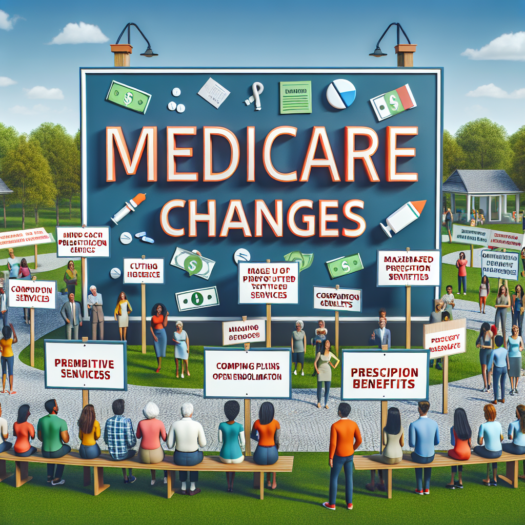 An educational landscape containing a large central sign that reads 'Medicare Changes'. Around it, smaller signs and placards hold tips on cutting healthcare costs such as making use of preventive services, comparing plans during open enrollment, and maximizing prescription benefits. In the background, a diverse group of individuals, ranging from young adults to senior citizens of Caucasian, Black, Hispanic and South Asian descent, look and point at the signs, demonstrating active engagement in the discussion about these changes.