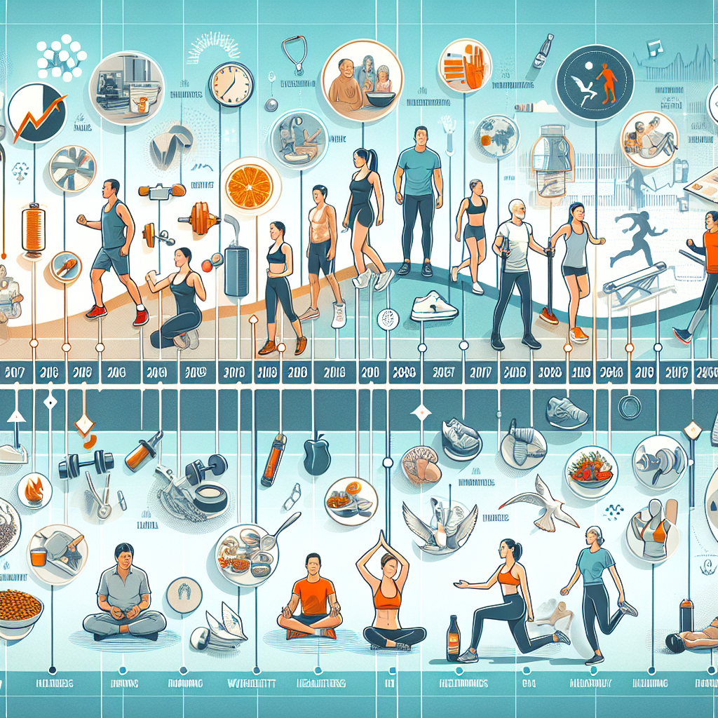 A generically illustrated timeline chart with significant markers, spotlighting various health trends and milestones in the lives of non-specific public figures, showcasing the importance of health and wellness. The image may include images of weightlifting, running, yoga, cooking healthy meals, and so on. It may also feature the representation of different age groups, genders, and races of people. It should have texts denoting 'Milestones' and 'Health Trends'. The chart should take the center stage of the image and look visually appealing with a balance of vibrant but calming colors.