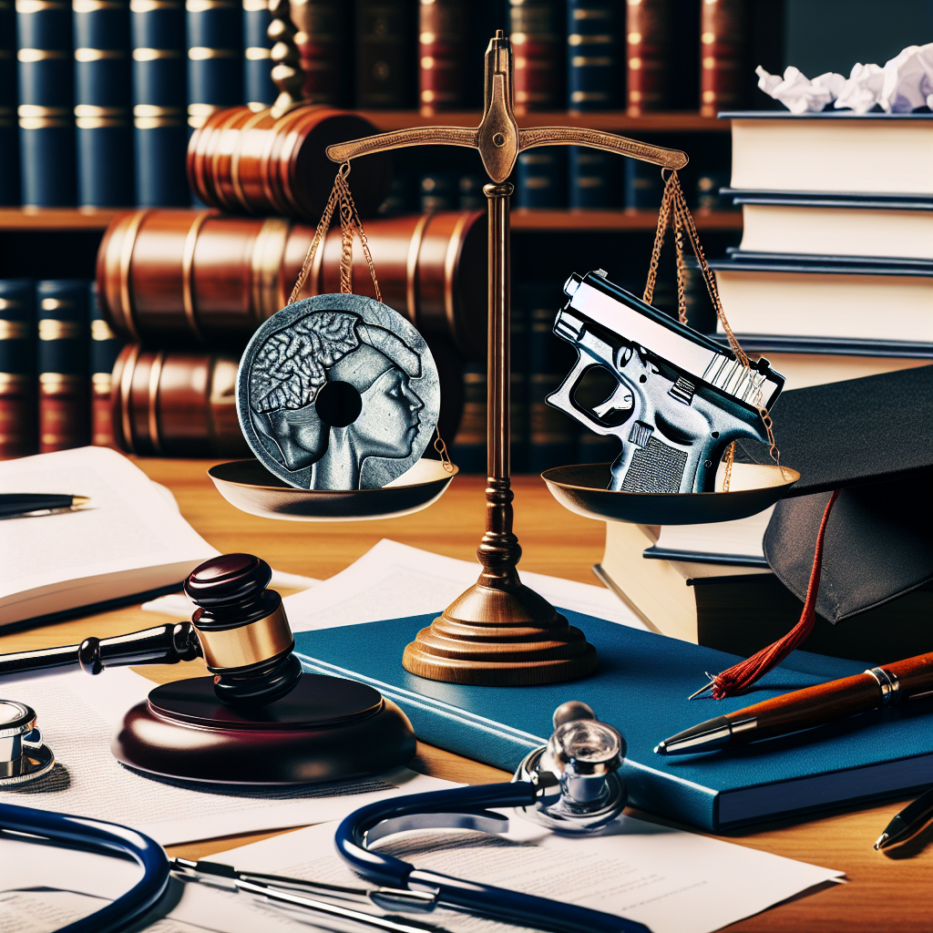 An image of justice scales symbolizing the Supreme Court's deliberations, with three respective elements representing key issues: a stethoscope symbolizing medical affairs such as abortion cases, a gavel striking an imprint of a gun symbolizing gun law judgments, and a graduation cap next to a stack of papers symbolizing student loans. All of these are placed on a desk with papers scattered around, indicating intense legislative work.
