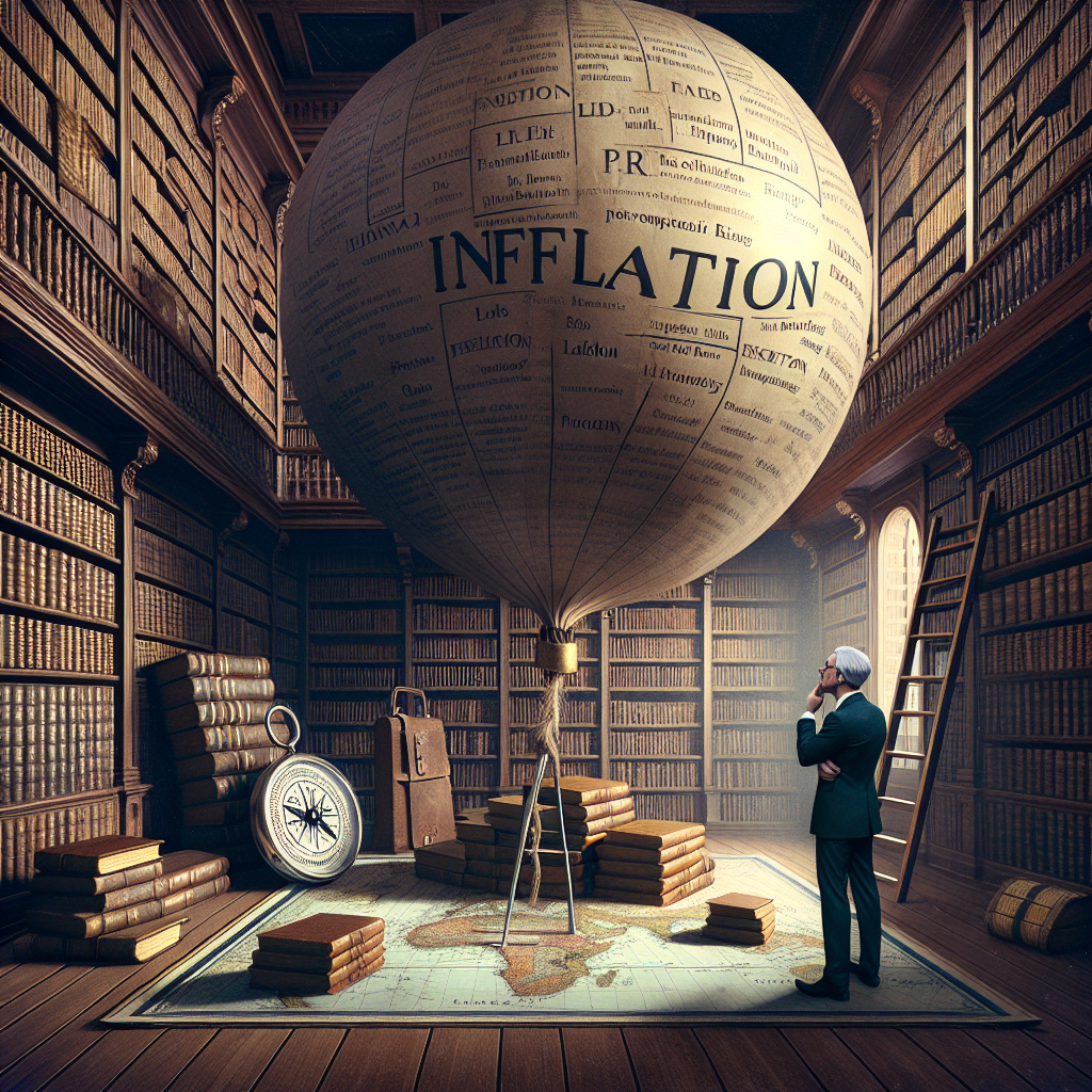 A metaphorical representation of inflation and the power of the Federal Reserve's Interest rate decisions. Picture an old-style, Victorian library with massive shelves of antiquarian books. On one side, a giant balloon with the word 'Inflation' written on it grows ominously larger. On the other side, a figure representing the 'Federal Reserve' holds a pin marked 'Interest Rates', ready to pop the inflation balloon. The figure is pondering, illustrating the strategic thought required for these decisions. At the center, there's a navigational compass and an old-fashioned map marked 'Economy'.