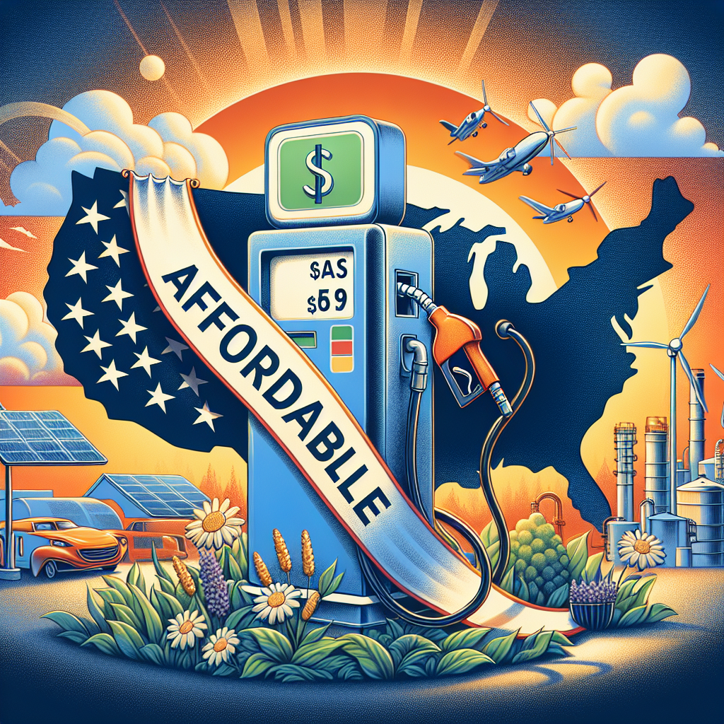 An illustrative image capturing energy policy changes in the context of optimizing US gas prices for affordability. The image features a gas pump with decreasing dollar signs symbolizing lower prices, standing in front of a stylized map of the United States draped by a sash reading 'Affordability'. Inject a sense of optimism through the use of inviting colors and hopeful symbolism, like a sunrise representing a new dawn of affordable energy. Also, include images representing various energy sources like wind turbines, solar panels and an oil refinery, emphasizing the diversity of the energy sector.