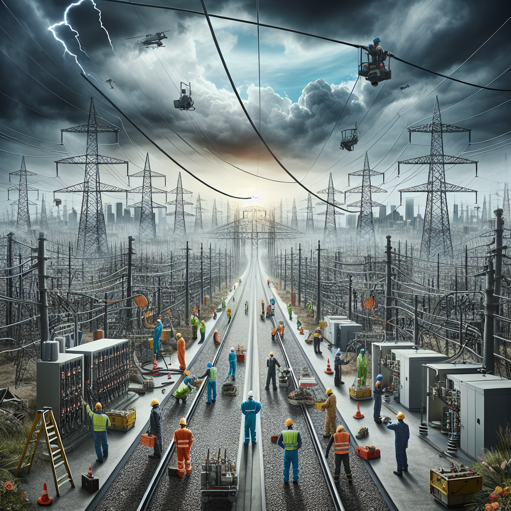 Conceptual image representing the risks associated with power grid failure and the essential precautions necessary to prevent nationwide blackouts. The scene should capture a sprawling, complex network of power lines and electrical substations against a backdrop of diverse landscapes, including densely populated cities and secluded rural areas. The power lines should have brightly colored warning signs and maintenance workers, of different descents such as Caucasian, Asian, Black and Hispanic, both males and females, diligently inspecting the infrastructure. Faintly in the background, illustrate a gloom-infused sky with storm clouds, hinting at the lurking danger of a potential blackout.