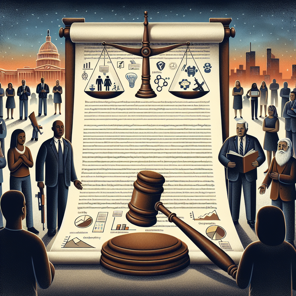 An abstract concept illustration for an article covering gun control legislation. At the center, a parchment with detailed arguments about strategies to combat gun violence; diagrams and graphs accompany the text. On one side, a scale representing a balanced approach to rights and responsibilities, with symbols of safety and education. On the other side, a gavel representing legislative power. Surrounding the parchment, diverse people from various backgrounds (Black middle-aged male, Hispanic young woman, white elderly man, etc) are engaged in calm and thoughtful discussion. The background hints at a peaceful cityscape at dusk.