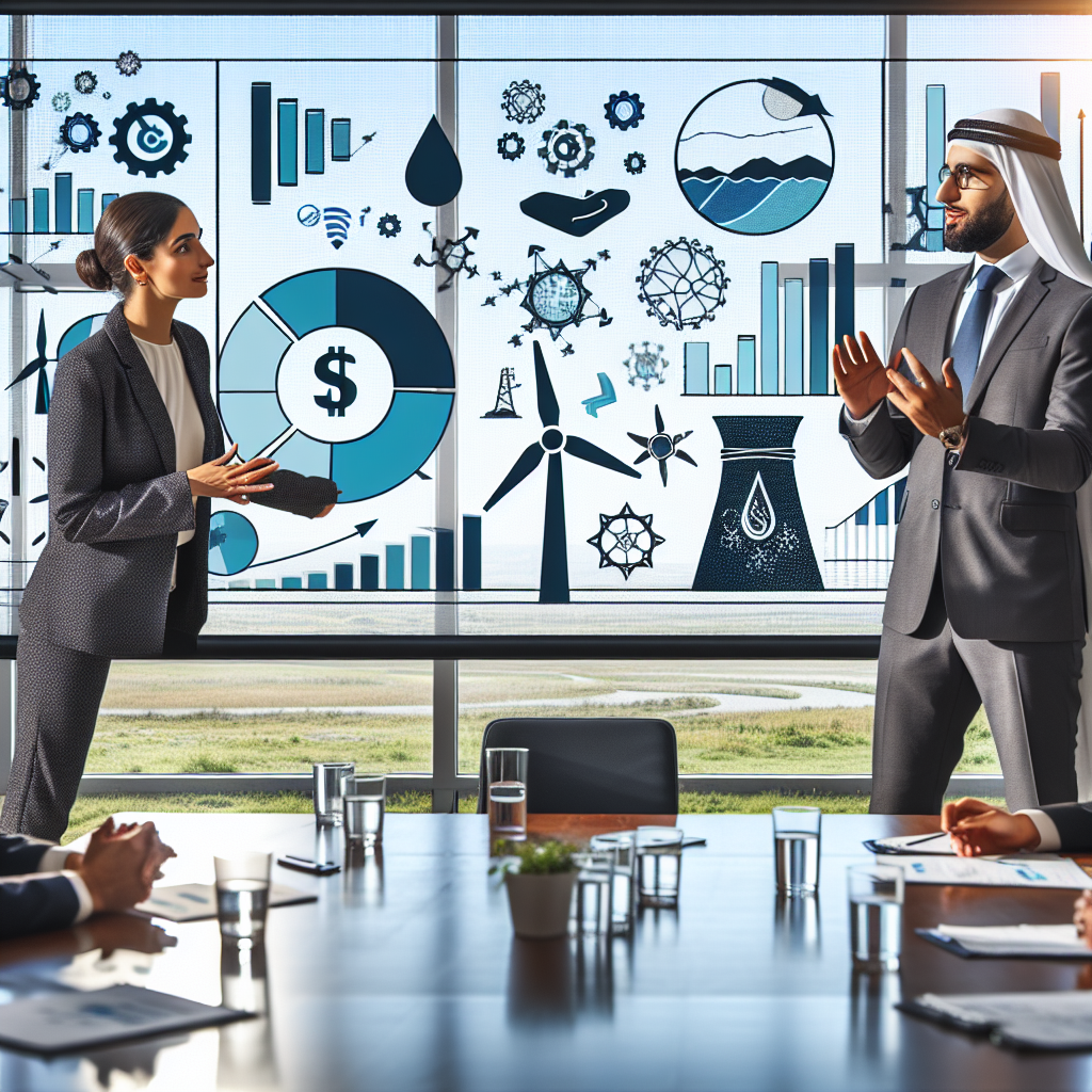 Capture an image that embodies the concept of clean energy investments as a strategy for climate change legislation. Show a Caucasian woman and a Middle-Eastern man in business attire discussing plans in a conference room. They are surrounded by symbols of various forms of clean energy - wind turbines, solar panels, and hydroelectric dams. Include elements of transparency and accountability, represented by visible graphs on a presentation screen that show carbon emissions reductions and return on investment. The scene should convey positivity, cooperation, and forward-thinking strategies.