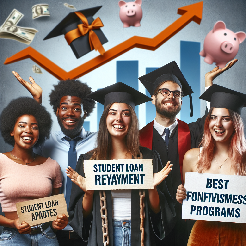 An image of a diverse group of university graduates, consisting of a Black woman, a Caucasian man, a Hispanic woman, and a Middle-Eastern man, looking relieved and excited. They are holding banners with the texts 'Student Loan Repayment', 'Updates', 'Best Forgiveness Programs' and 'Revealed'. In the background, symbolic visuals of financial freedom, such as breaking chains, a piggy bank, or an upwards-pointing graph, to represent the easing of their financial burdens due to loan forgiveness programs.