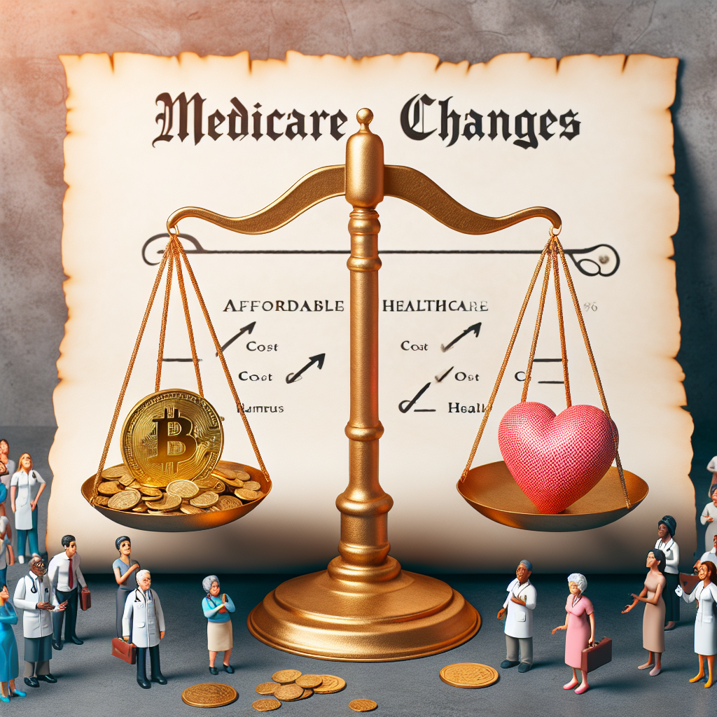 Visualize the concept of 'Medicare Changes: Affordable Healthcare Insurance Reforms'. Picture a balanced scale with one side holding a golden coin symbolizing the cost of healthcare and the other side holding a heart symbolizing health, illustrating the balance between affordability and quality of healthcare. Add a parchment in the background with the words 'Medicare Changes' written in elegant script. Surround the scene with a diversity of people from various descents and genders: an Asian female doctor, a Black male nurse, a Caucasian elderly woman, a Hispanic middle-aged man, all anxiously watching the scale.