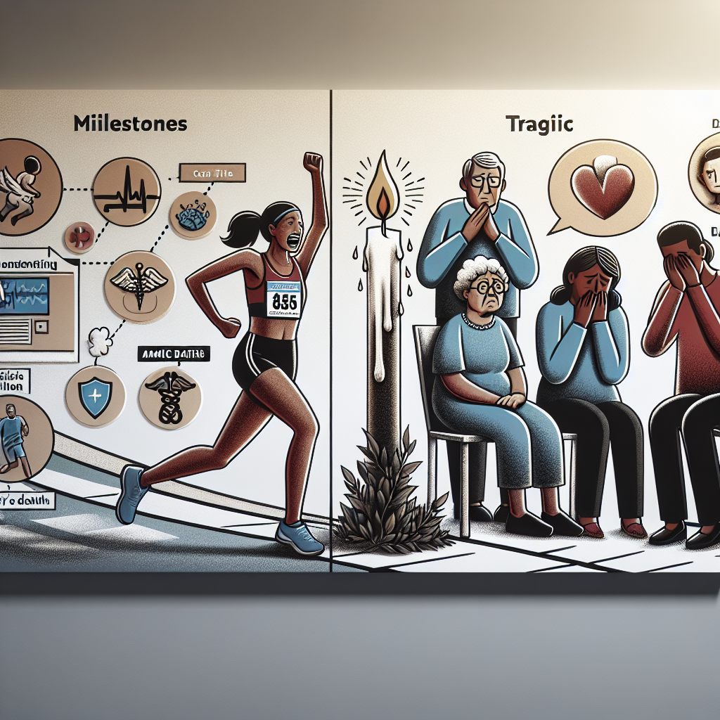 Create a thoughtful, empathetic scene conveying news about health. On one side, demonstrate the concept of 'milestones' with an image of a person jubilantly reaching the finishing line of a marathon. This person is a fit middle-aged Hispanic woman. To capture the idea of 'tragic deaths', depict on the other side a tearful group of diverse people (Caucasian male, South Asian female, Black male) around a lit candle contemplating. The scene's background should depict various medical icons. The tone should be respectful yet informative, suitable for a quality health-related articles.
