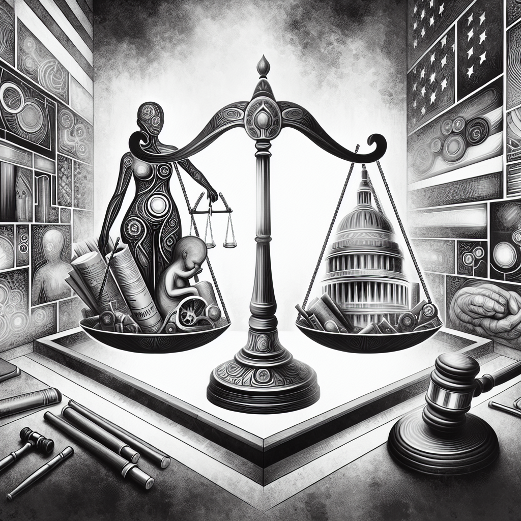 Visualize a symbolic representation of the topic 'Abortion Rights' in an abstract and respectful manner, avoiding any form of human and offensive depiction. Picture a concept of a scale or balance to signify justice, combined with a gavel that represents rulings. Introduce elements related to laws and decrees such as scrolls and legal documents. Also, imagine an antique-domed building to symbolize the high court structure. Balance this composition with a background of the United States national flag. Keep the image in a monochrome color scheme for a professional, non-partisan atmosphere.