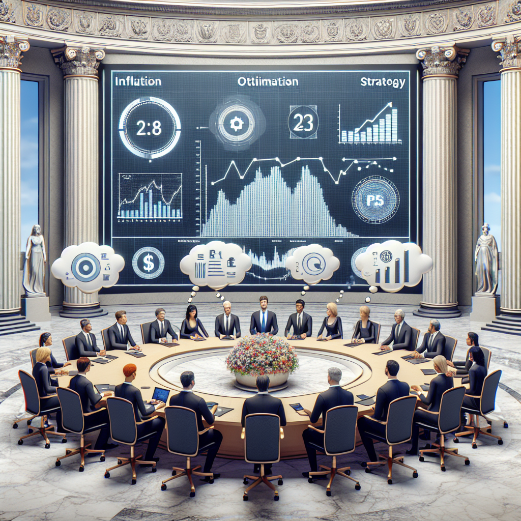 A well-detailed scene in a formal room with large classical columns and marble floors. In the center, a group of people around a large oval table engaged in a serious discussion. There's a large screen behind them, showing fluctuating graphs and charts about inflation trends and interest rates. Thought bubbles above their heads show symbols of monetary currency, graphs, and strategy icons. On the table, there are several documents having analyses about inflation optimization strategies. Everyone present is diverse in gender and descent including Caucasian, Hispanic, Black, Middle-Eastern, South Asian.