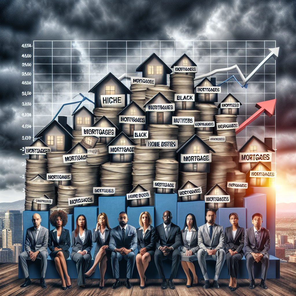 Visualize the concept of the US housing market crisis. This can be comprised of an array of diverse people, including Hispanic mortgage brokers, Black home buyers, Caucasian real estate agents, South Asian analysts. This crisis can be exemplified by showing stacks of papers symbolizing mortgages, whose height is quickly increasing, causing worry on the faces of the aforementioned individuals. The backdrop should be a city skyline with the housing prices skyrocketing, represented by a chart with a steep incline, which foreshadows the impending crisis. Enhance the theme by adding dark clouds hovering over, symbolizing the looming threat.