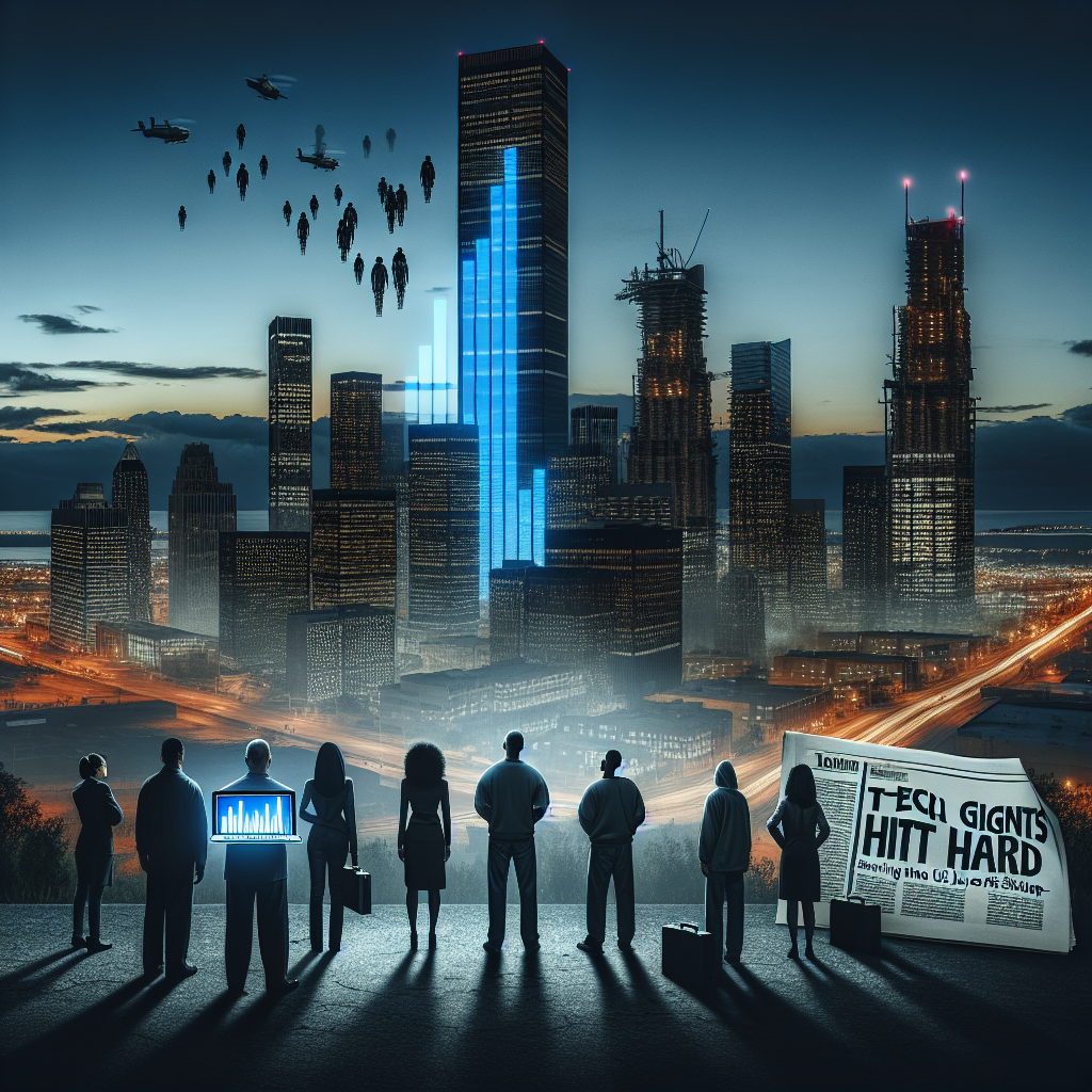 A bleak cityscape at dusk with towering skyscrapers, some bearing the logos of major tech companies. The base of the buildings is shrouded in darkness, symbolizing the challenging times. To contrast, a hopeful element shows a small group of diverse tech workers, including a Middle-Eastern woman, a Black man, and a Caucasian man, standing resilient and united. They are illuminated by the light from a laptop displaying a bar chart showing signs of recovery. A newspaper front page floats by in the wind, bearing the title 'Tech Giants Hit Hard: Surviving the US Layoffs Shake-Up'.