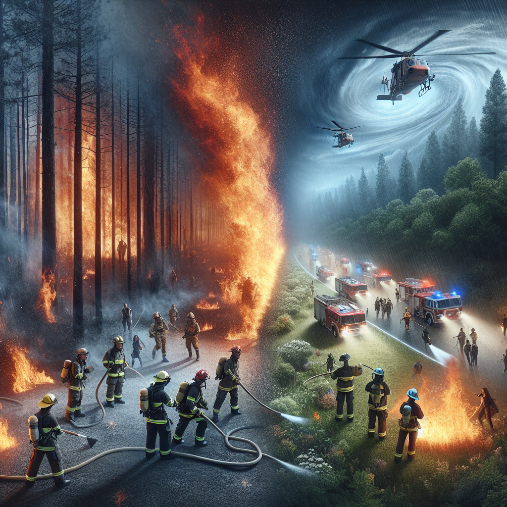 A dramatic, large-scale scene visualizing the concept of combating extreme heatwaves. The central focus is a wildfire blazing fiercely in a dense forest, with flames and sparks reaching high into the sky. On one side of the frame, an endless, sweltering heatwave conveys the intensity of the weather. On the other, a group of different gender firefighters of diverse descents – Hispanic, Caucasian, Middle Eastern, Black, South Asian – are battling the blaze, equipped with advanced firefighting tools, showcasing their courageous efforts and robust strategies. They are strategizing, collaborating, and working rapidly to douse the flames.