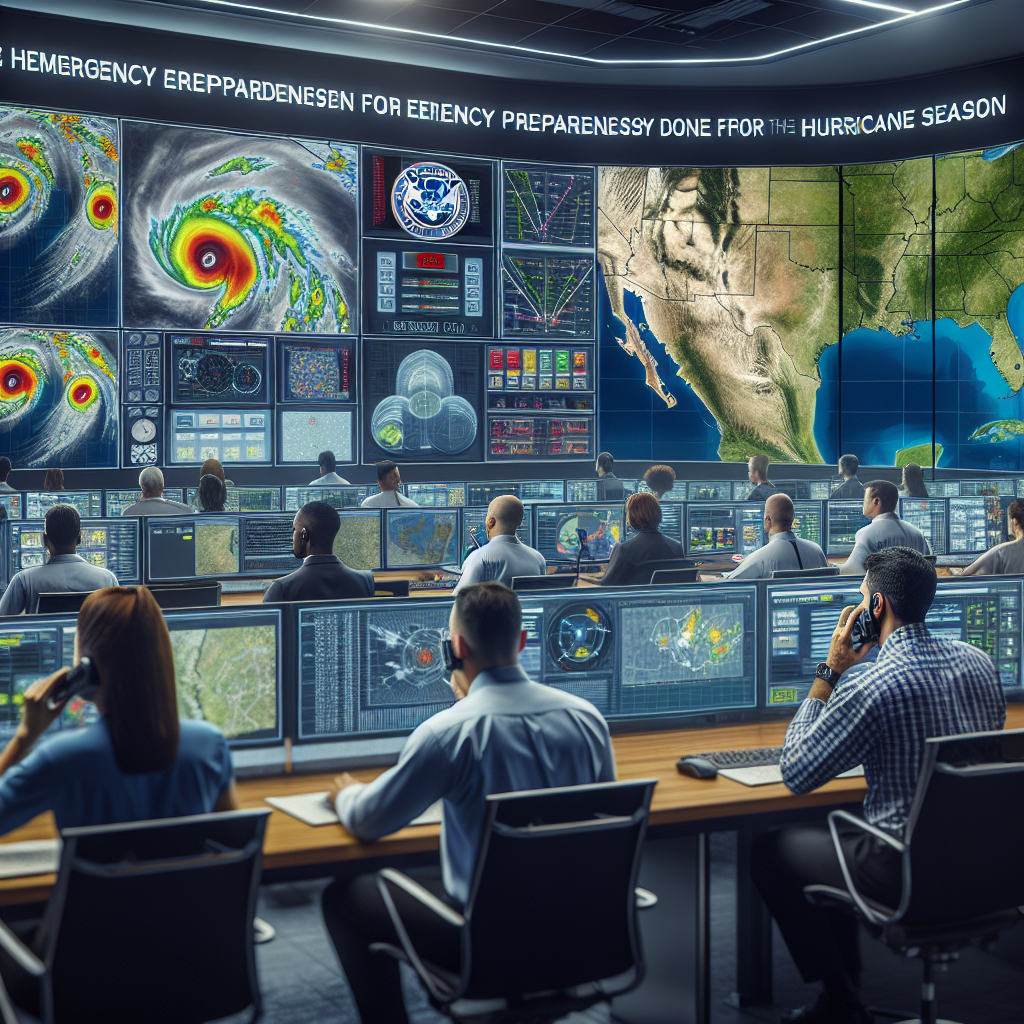 An informative scene dedicated to FEMA's emergency preparedness for the hurricane season. The setting is a professional command center equipped with high-tech tools such as radars, maps, and real-time weather alerts displayed on multiple large screens. There are a wide assortment of people, including a Caucasian male meteorologist analyzing weather patterns on a digital display, a Black female emergency responder communicating instructions through a radio, a Middle-Eastern male technical personnel managing the data systems, and a Hispanic female coordinator strategizing evacuation routes on a large map. The atmosphere is serious and focused, emphasizing the integral work done during hurricane season.