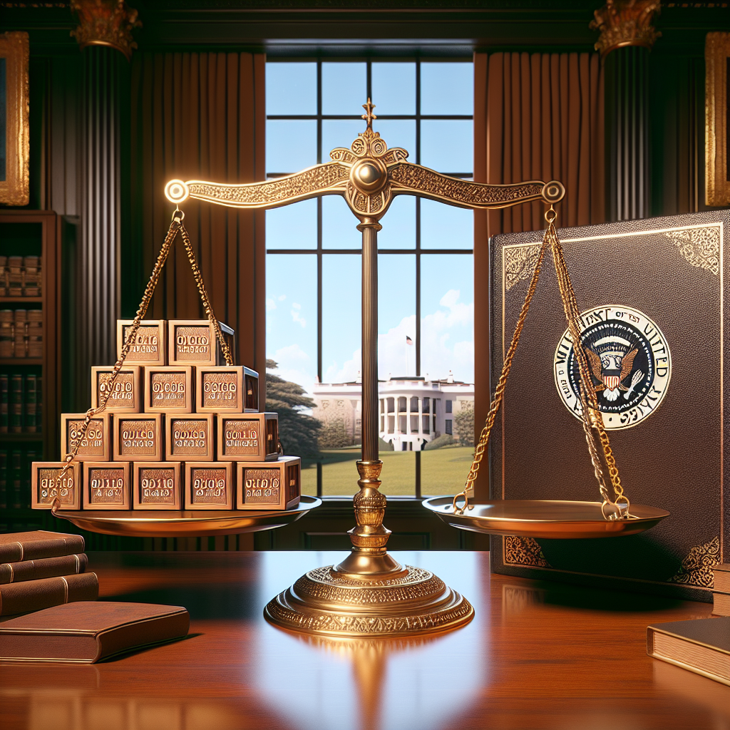 A visual metaphor for AI regulation updates. Picture an ornate, brass balance scale on a polished wooden desk. On one side of the scale, place meticulously stacked cubes, each etched with binary code, symbolising AI. On the other side, lay a thick, leather-bound book with the words 'White House Policy' embossed on its cover. Behind the desk, let there be a grand window with views of a peaceful landscape, symbolizing a hopeful future. The overall color palette of the image should match a traditional study room with rich wood tones and golden accents.
