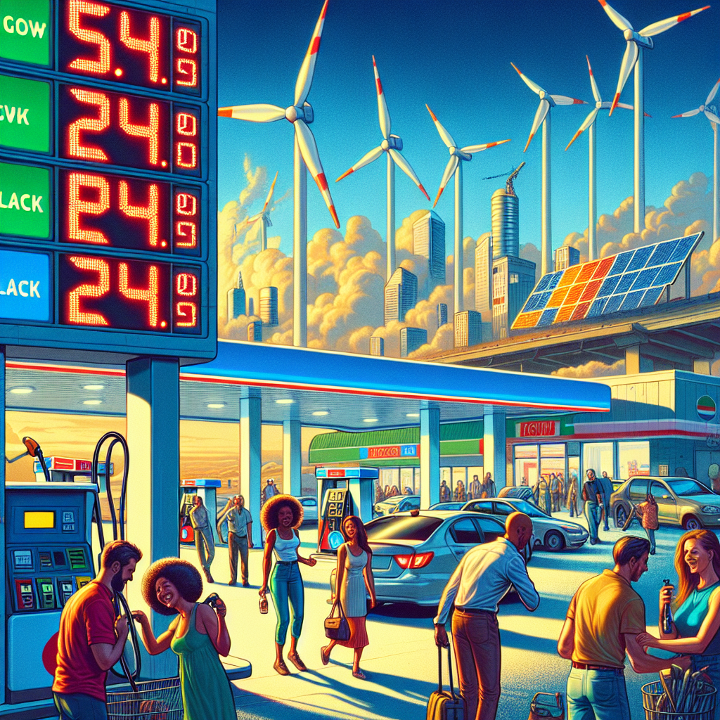 A vivid scene showcasing a busy gas station during daytime. The large, digital display board at the station shows significantly low prices for the different types of fuels. Customers, a mix of both men and women of various descents like Caucasian, Hispanic, Black and Middle-Eastern, are happily filling their vehicles. In the background, a panoramic view of a city skyline with wind turbines and solar panels scattered across it, symbolizing a shift towards cleaner energy sources. The atmosphere is bustling yet jubilant, reflecting the satisfaction of the public due to economical fuel costs.