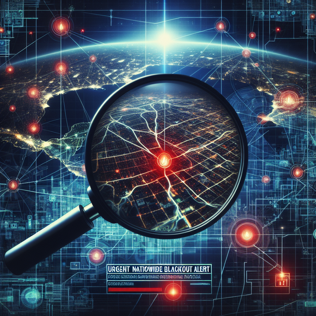 Imagine a complex schematic of a country's energy infrastructure. Illuminated lines representing power lines stretch across the land, interconnecting the urban landscapes marked by densely plotted city lights. The national power grid in its entirety. Suddenly, the bottom half of the image is plunged into darkness, representing a power outage. In the middle foreground, a magnifying glass emphasizes the affected area with a red alert sign hovering over it. A news style banner at the bottom of the image states 'Urgent Nationwide Blackout Alert'. Emphasize the tension and the urgency of the situation.