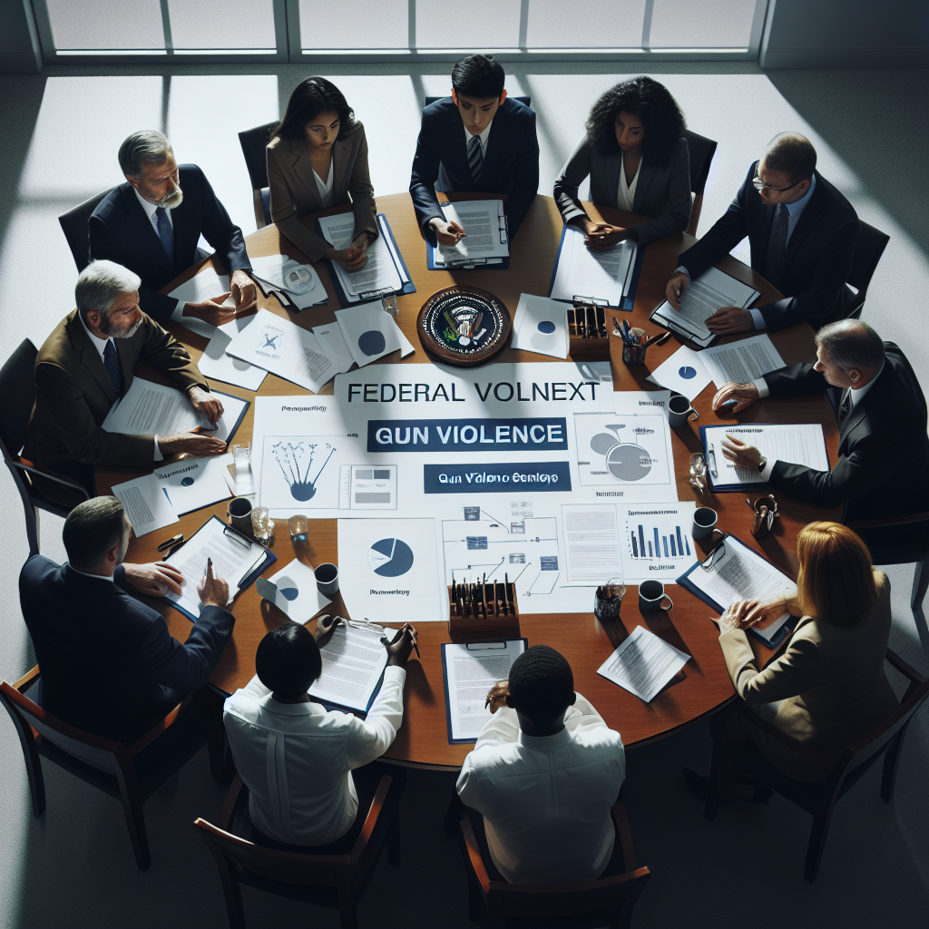 Create an image reflecting the theme of strategy in addressing gun violence in a federal context. The image should show a diverse group of people around a round table, discussing and strategizing; among them are a South Asian female policymaker, a Caucasian male social worker, a Black female researcher, and a Middle-Eastern male law enforcement officer. Spread across the table are documents, diagrams indicating gun violence statistics, and plans for potential solutions. No specific symbols or logos of governmental bodies should be included. The atmosphere should be serious and professional.