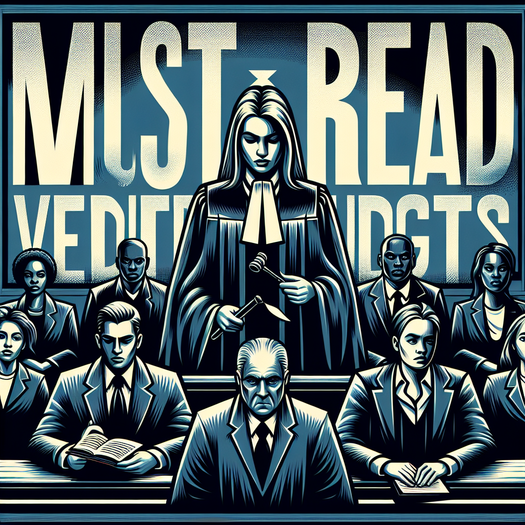 A scene depicting an abstract representation of high-profile criminal trials in the US with a focus on authoritative figures such as judges, attorneys, and jurors. In the background, show large, bold words, 'Must-Read Verdicts'. The judge should be portrayed as a strong, impartial Caucasian woman with robes and gavel but no clear face. The defense attorney is a determined Middle-Eastern man in a formal suit. A panel of diversified jurors of different genders and descents sit thoughtfully listening. Remember, this image should not refer to any specific legal case or person to remain neutral and general.