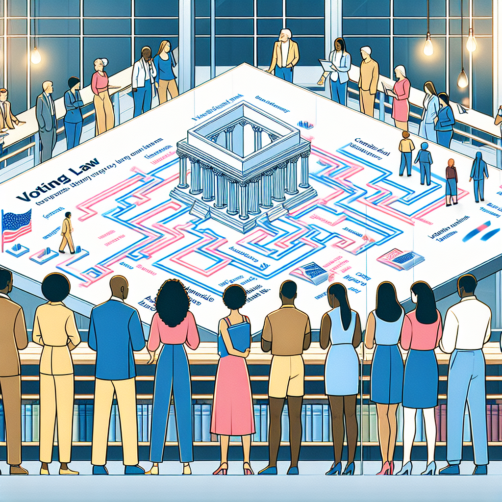 Illustrate an informative and dynamic scene focused on the concept of voting law changes in the United States. Depict a diverse group of people, including women and men of various descents, such as Asian, Black, Hispanic, Middle-Eastern, and White individuals, carefully studying a diagrammatic representation of these legal changes. The changes can be symbolized by a labyrinth or network of pathways, each marked with legal language or icons representing key aspects of the law. The setting may be a modern public library or a community center, emphasizing the theme of public education and discussion.