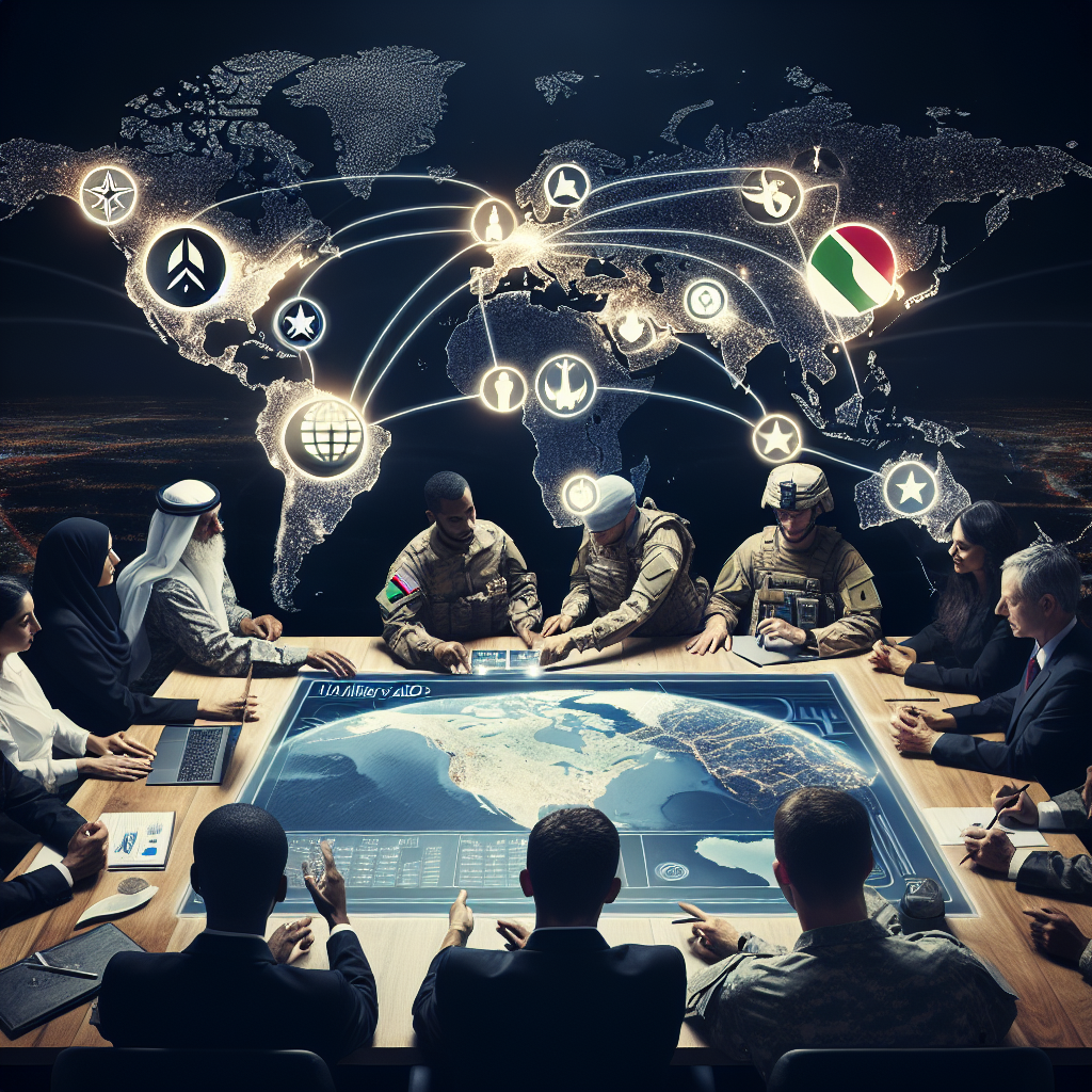 Showcase a conceptual representation of US military aid strategies geared towards global security. Craft an image of a detailed world map with lights at significant locations indicating the distribution of aid. Show diverse military personnel of Caucasian, Hispanic, Black, Middle Eastern, South Asian and East Asian descents collaboratively analyzing the strategy on a large touch-based digital screen. In the same setting, depict the symbol of peace negotiating with a symbol of warfare, embodying the constant balance in the decision-making process. Do not display any recognizable person's depiction in the image.