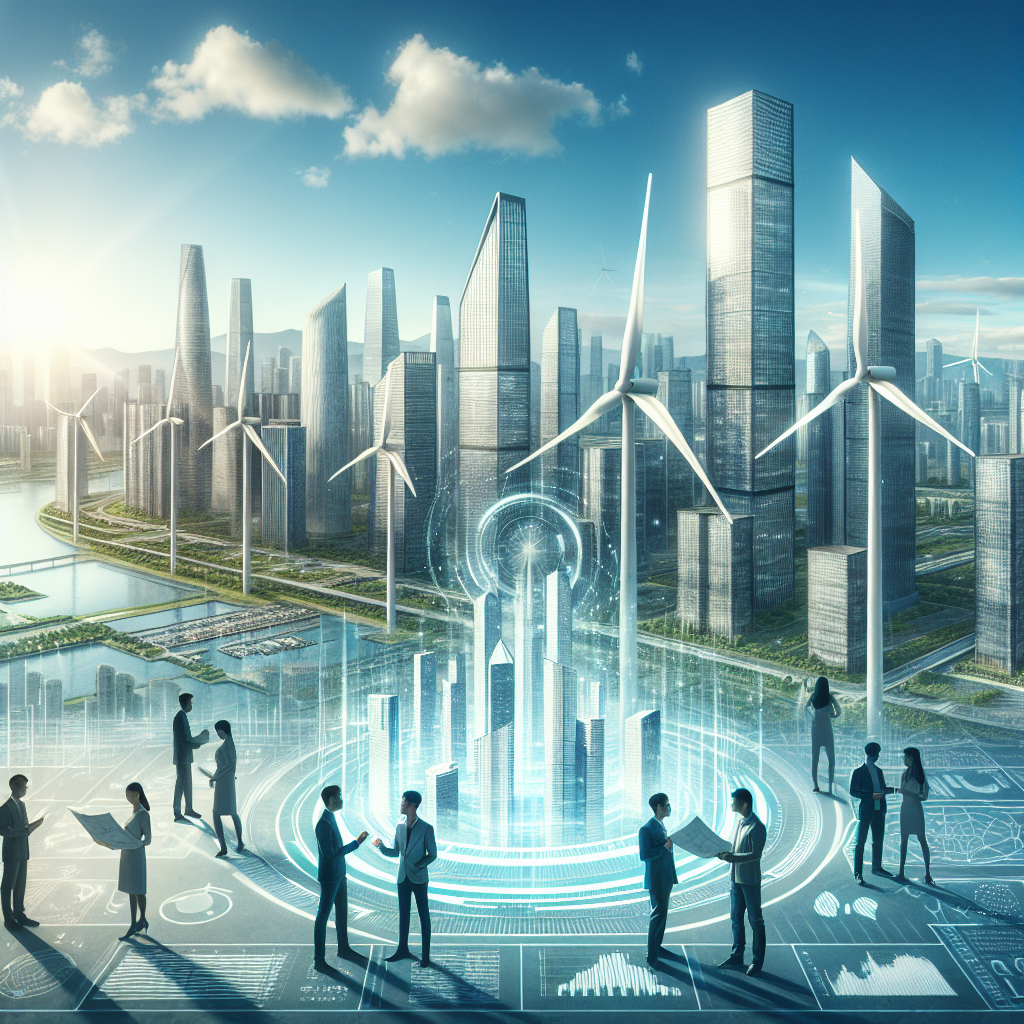 Imagine a grand vista of a modern, technologically advanced city. The cityscape includes impressive structures of LEED-certified skyscrapers, all echoing a sense of sustainable living. Enormous wind turbines gracefully rotate in the background, against a clean, bright blue sky. The sun shines warmly, hinting at the presence of solar energy utilization. Different people of various descents and genders are engaging in productive dialogues, holding architectural blueprints and investment charts, showcasing the concept of clean energy investments. In the foreground, a holographic screen displays graphs and data related to green finance and sustainability.