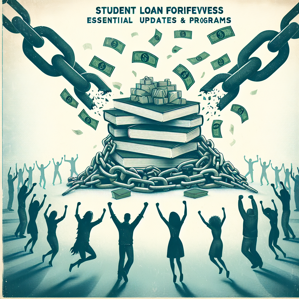 Envision an image that could serve as a graphic for an article on the topic of student loan forgiveness. Center the illustration around a large, iconic visual metaphor, like chains breaking apart around a pile of textbooks and scattered dollar bills symbolizing the relief from financial burden. A faded silhouette of a diverse group of students rejoicing in the background, including a Caucasian male, a Hispanic female, a Black female and a Middle-Eastern male. Include a banner with the title 'Student Loan Forgiveness: Essential Updates & Programs' prominently displayed at the top of the image.