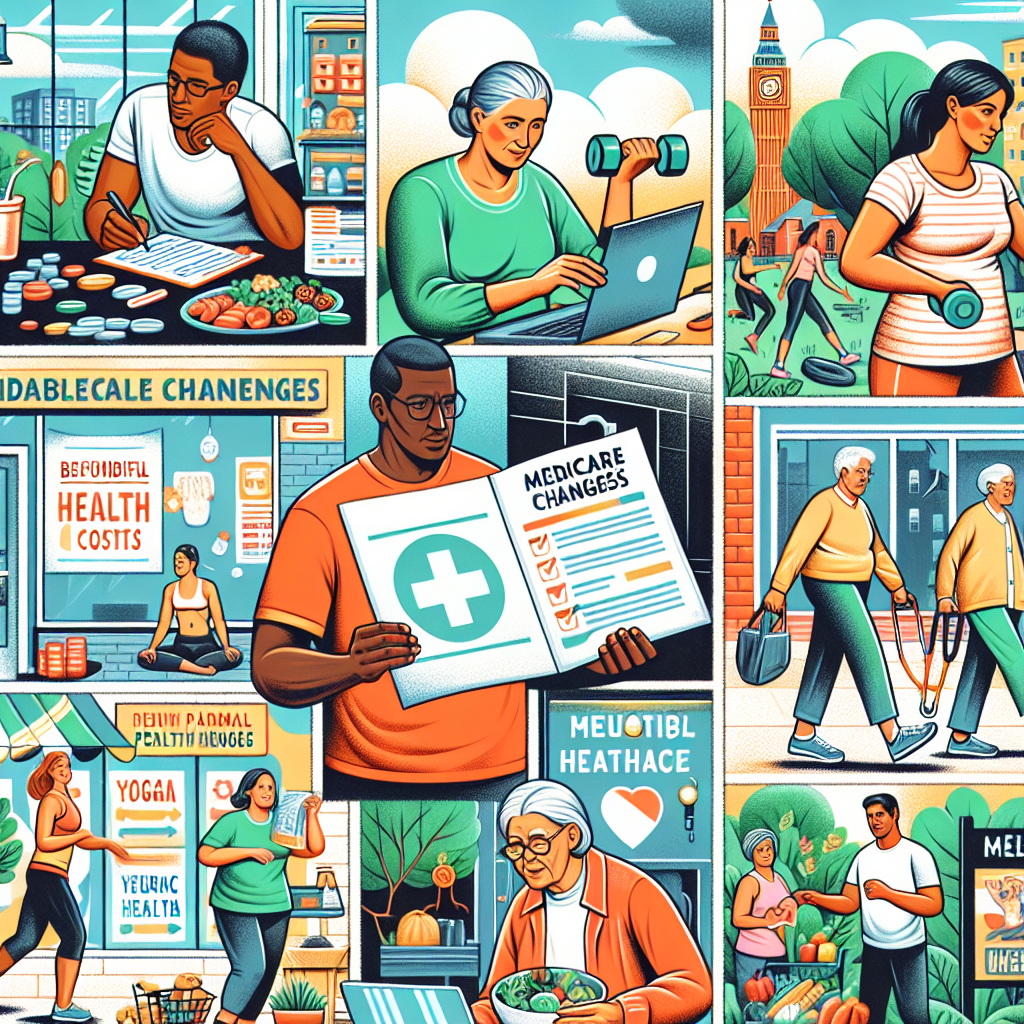A detailed illustration showcasing a diverse group of people engaging in various everyday activities for reducing healthcare costs. There is an African male carefully reviewing documents labelled 'Medicare Changes', a Caucasian female exercising in a park with weights, a Hispanic senior couple cooking a healthy meal at home, a Middle-Eastern woman walking to a local pharmacy with a shopping list, and a South Asian man on a computer, researching online for beneficial healthcare tips. The background displays a vibrant city with affordable health clinics, yoga centres, and fresh markets.