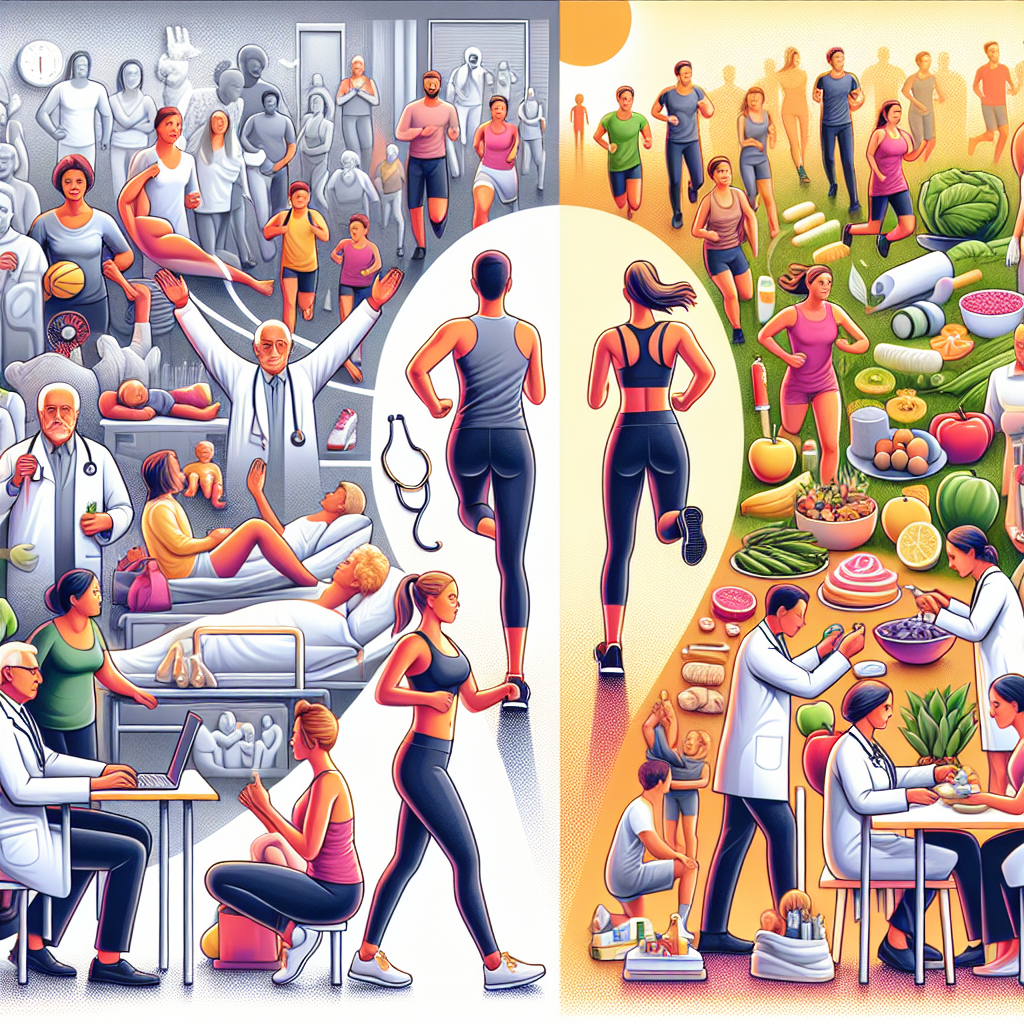 An in-depth depiction of a group of non-specific individuals of various body types, ages, descedents and genders, celebrating their health achievements and addressing health setbacks. The scene shows them engaging in various healthy activities such as running, yoga, or cooking nutritious meals, contrasting with scenes of facing health challenges, such as doctor consultations or hospital visits. This image signifies the various ups and downs in the journey towards health and wellbeing.