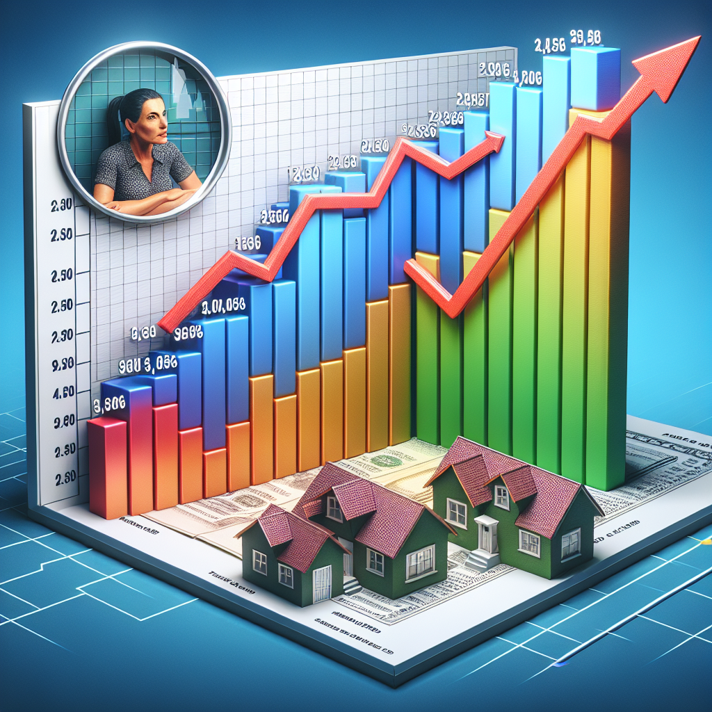Please generate a vivid and dynamic 3D bar graph that portrays the increasing trend of mortgage rates in the United States, with symbolic houses set beside the graph to depict the housing market. The graph should be inclined upwards, showcasing a clear relationship between time (X-axis) and mortgage rates (Y-axis). The bars should be color-coded based on their height, to help provide a clearer visual representation of the rates. A circular inset in the corner should show a concerned middle-aged Hispanic woman scrutinizing the graph, symbolizing a homeowner affected by the rising rates.